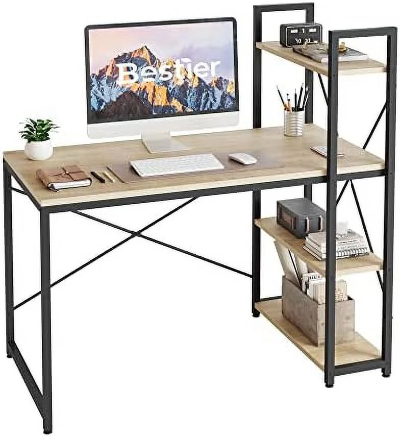 FDSHOIYN Computer Desk with Shelves - 47 Inch Small Space Home Office Desks with Bookshelf for Study Writing and Work - Plenty Leg Room and Easy Assemble  Grained Black