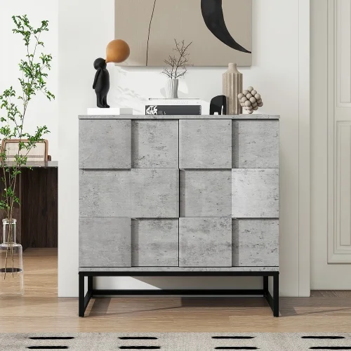 Cabinet with Doors Modern 2 Door Sideboard Buffet with Storage Wood Console Cabinets for Living Room, Kitchen, Dining Room (3D Geometric Concrete Gray)