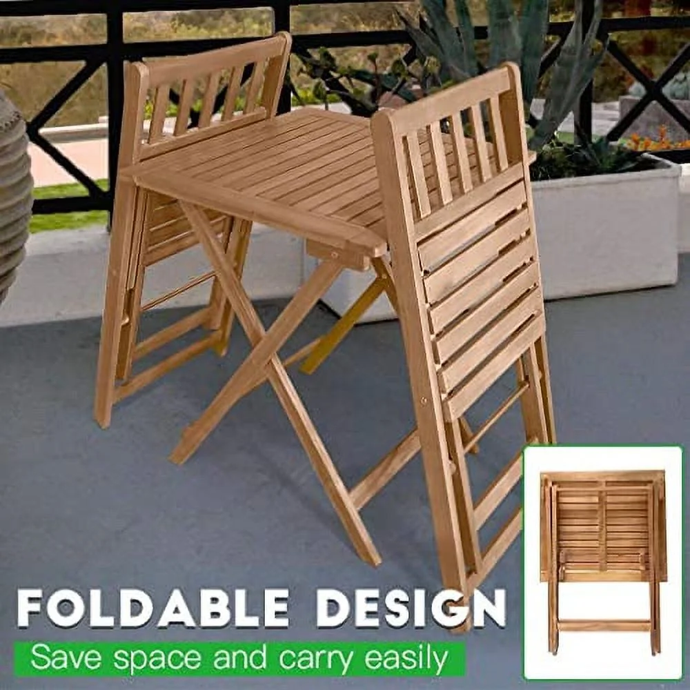 Yewuli Bistro Set 3 Piece Outdoor Folding Patio Chairs Wooden Folding Chairs, Bistro Cafe Table and Chairs Set of 2 Small Patio Set with Square Folding Table, Natural Acacia Wood