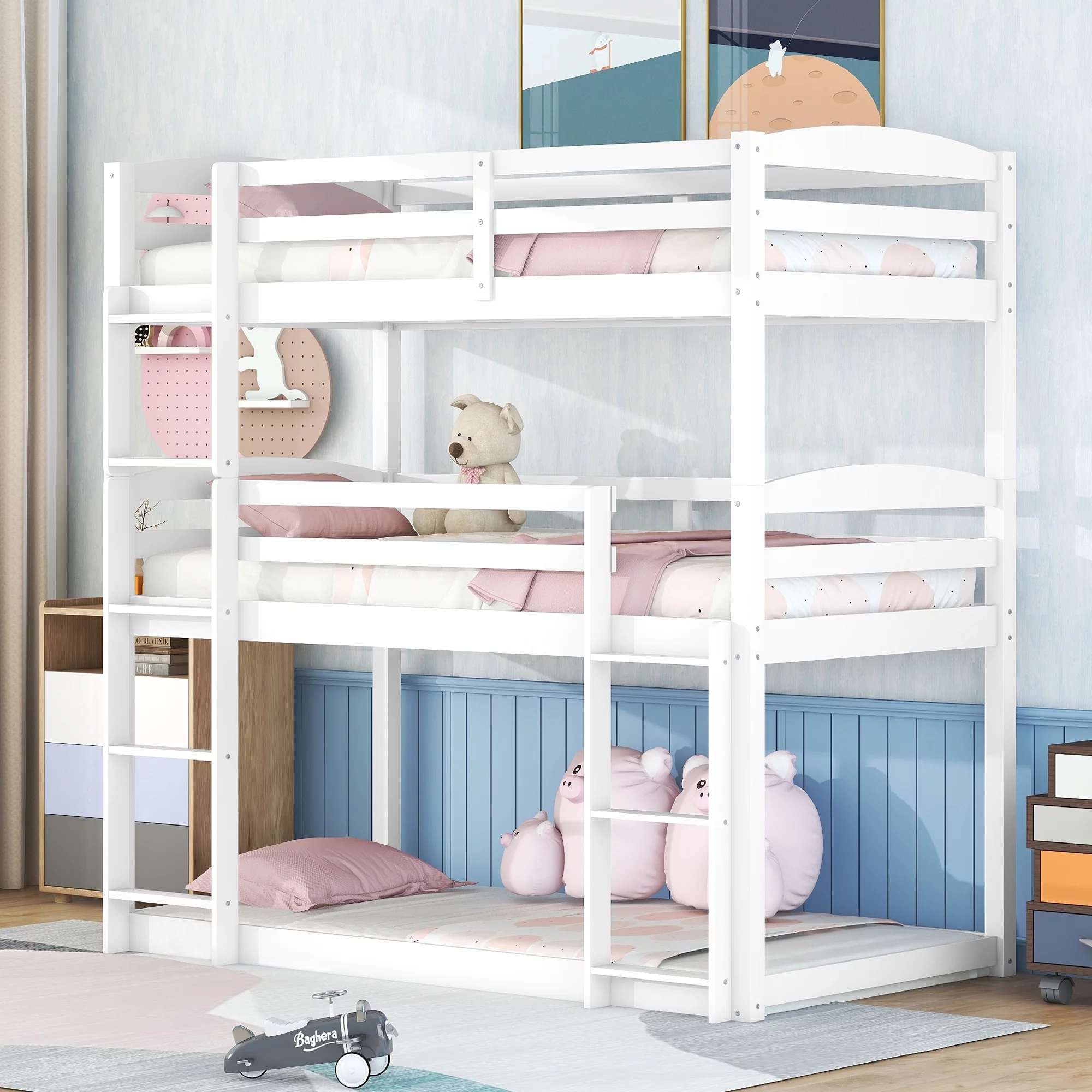 Euroco Wood Triple Bunk Bed with Ladder for Kids Bedroom, 3 Beds in One, White