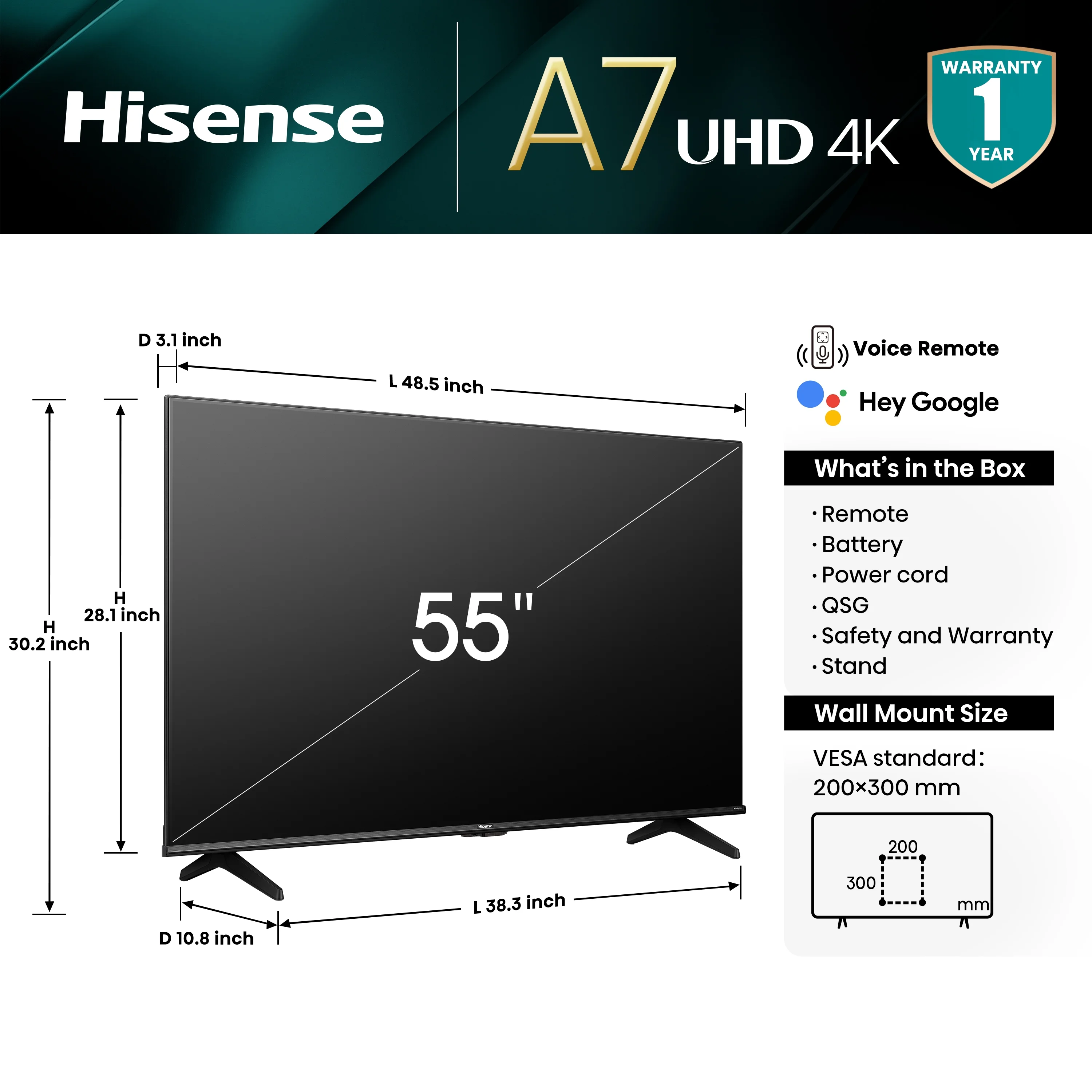 Hisense 55-Inch Class A7 Series Dolby Vision HDR 4K UHD Google Smart TV (55A7N)