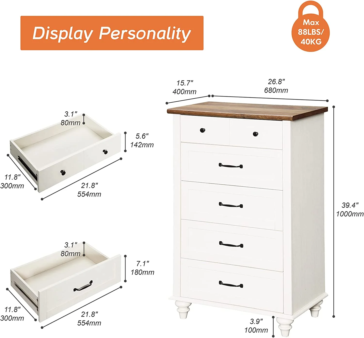 xrboomlife White Dresser for Bedroom with 5 Drawers  Tall  Dressers with Wide Chest of Drawers  Mid Century Modern Wooden Closet  Organizer  Samll Dressers for Living Room  Nursery  Hallw