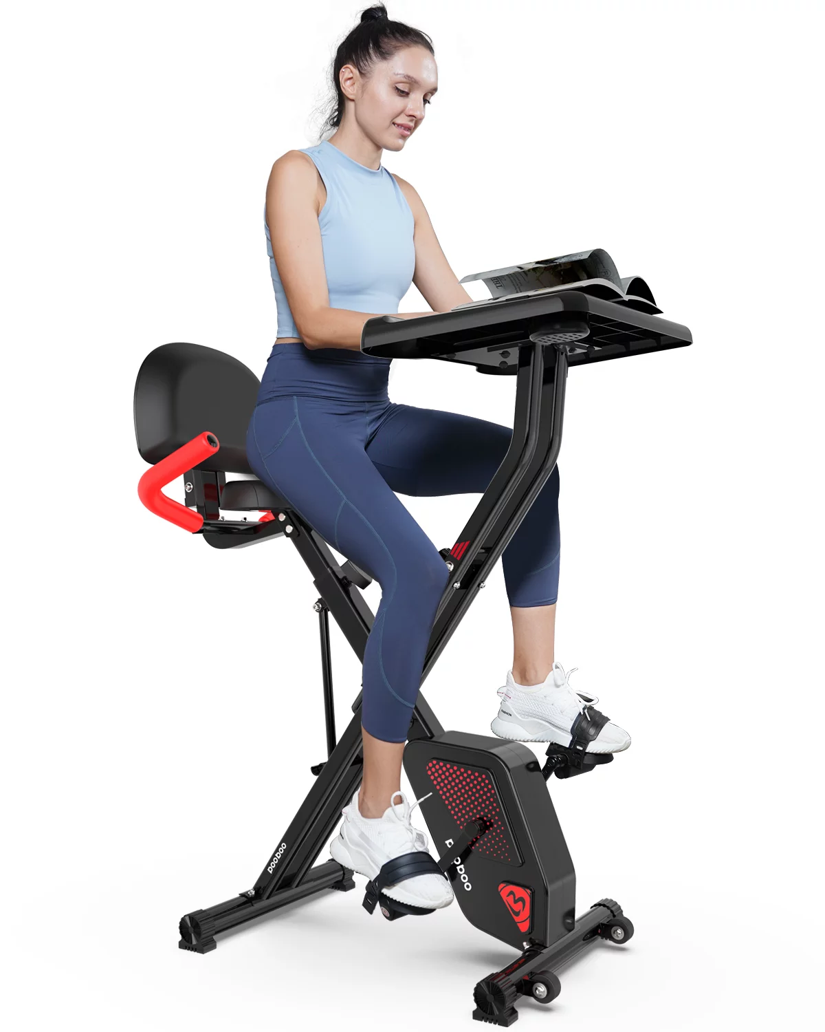 Pooboo Fully Adjustable Desk Folding Exercise Bike Fitness Stationary Bike Machine Upright Indoor Cycling Bike Magnetic X-Bike Adjustable Resistance