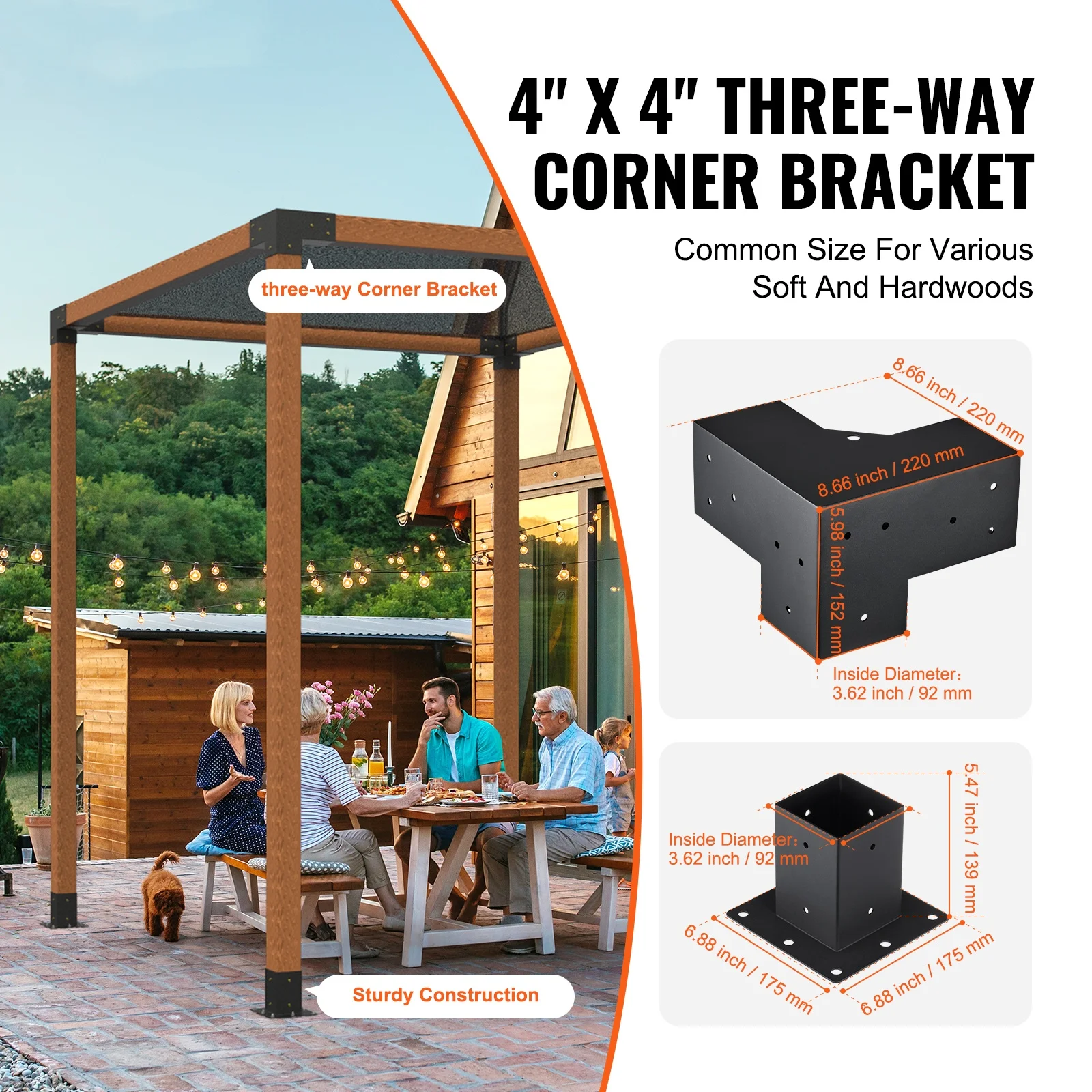 SKYSHALO 4''x4'' Pergola Bracket Kit 3-Way Woodworks DIY Post for Gazebos 8 pcs