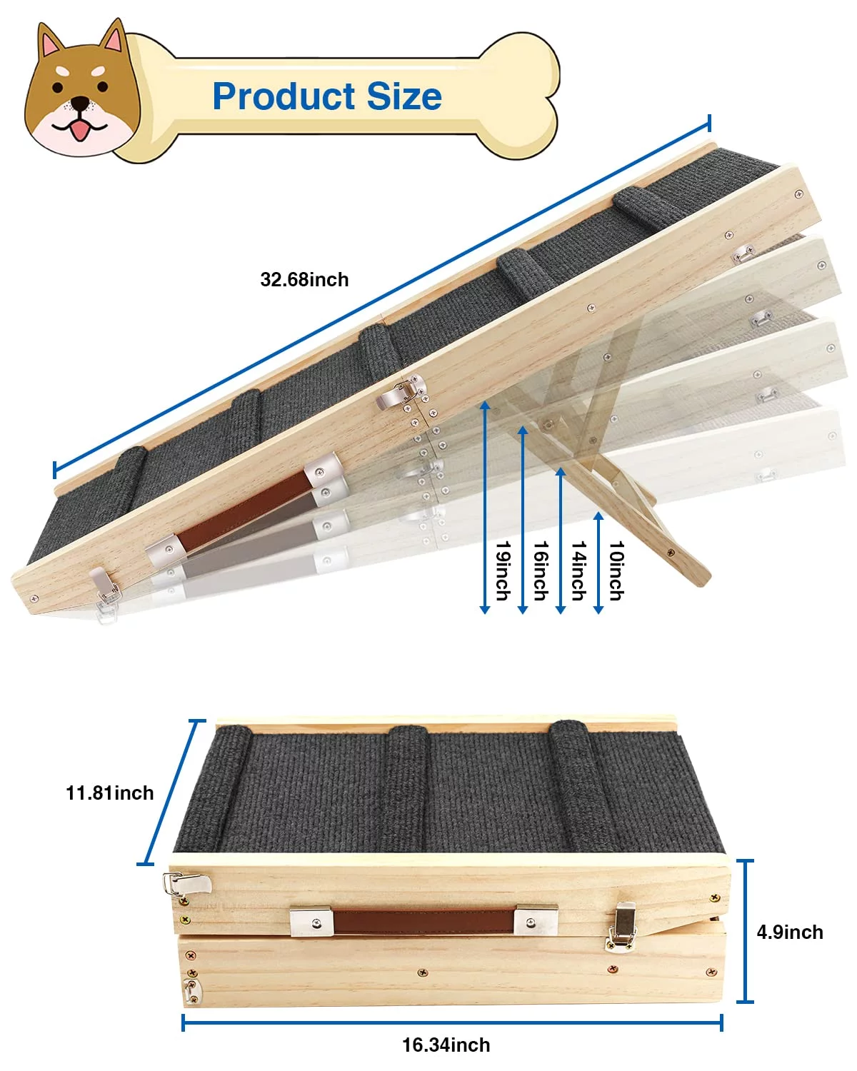 TNELTUEB Adjustable Dog Ramp, Wooden Folding Portable Pet Ramp,Rated for 30 LBS, 32.6