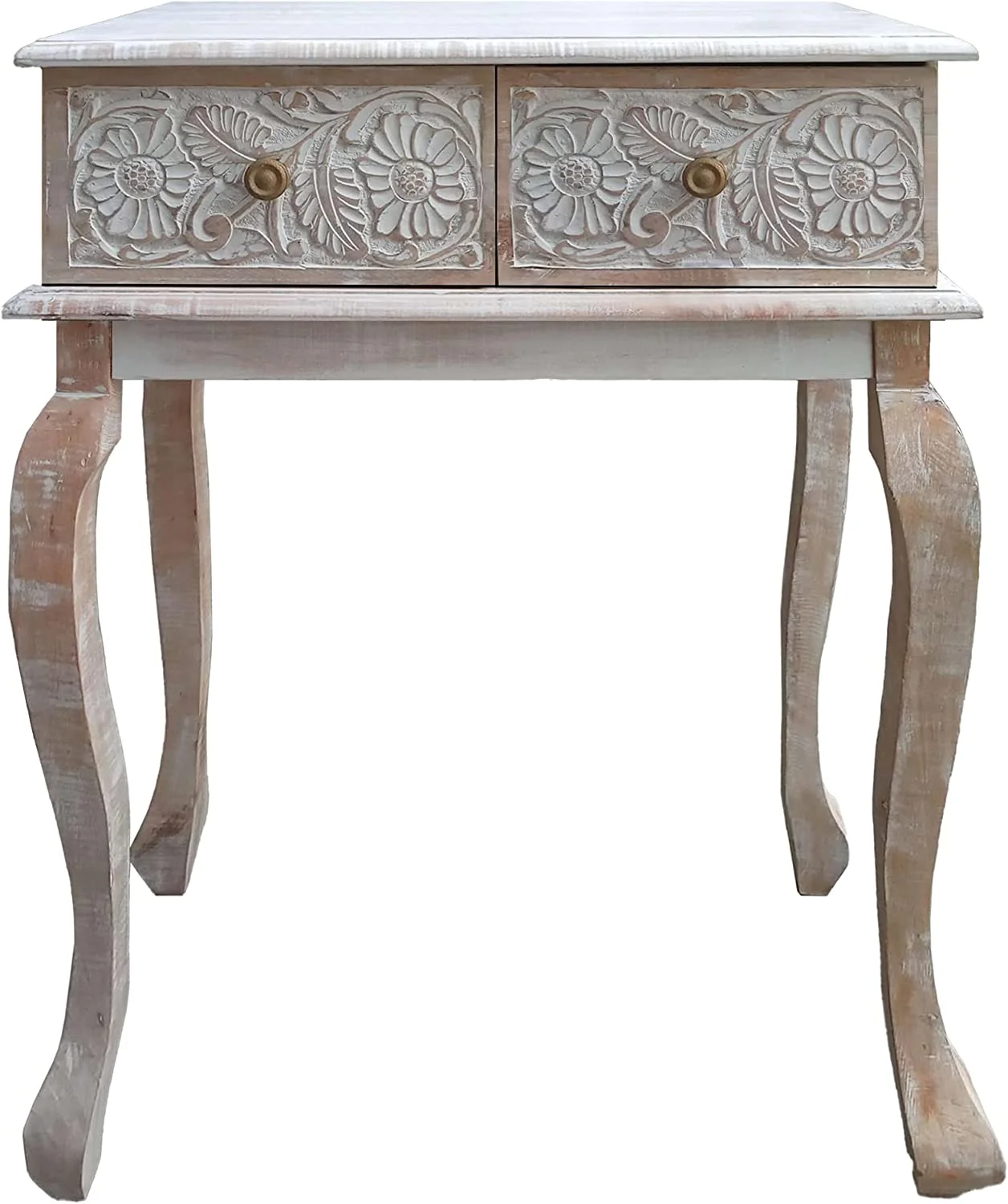 JYHOME 2 Drawer Mango Wood Console Table with Floral Carved Front  Brown and White