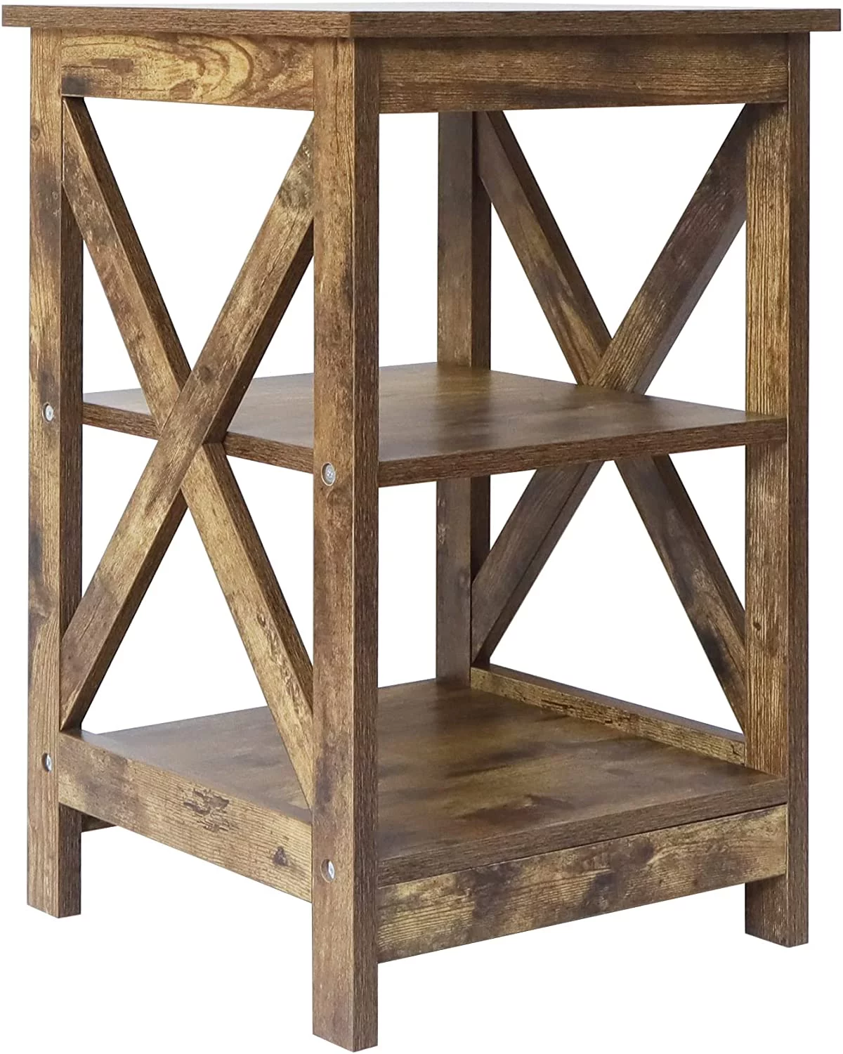 Side Table, Modern Farmhouse Wood End Table with 3-Tier Storage, Rustic Wood