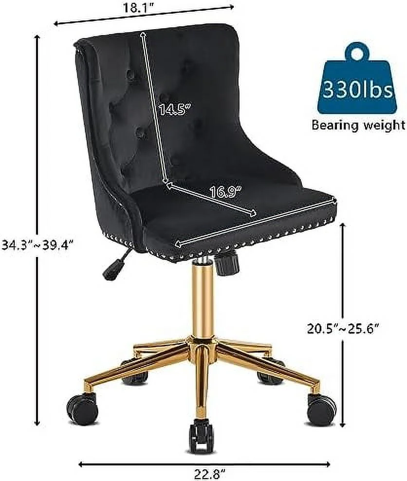 JDZHAPPYLIFE White Velvet Armless Home Office Desk Chair with Gold Base/Wheels  Small Cute Vanity/ Chair with Back for Bedroom  Upholstered Adjustable Rolling Swivel Nail Chair for Women/