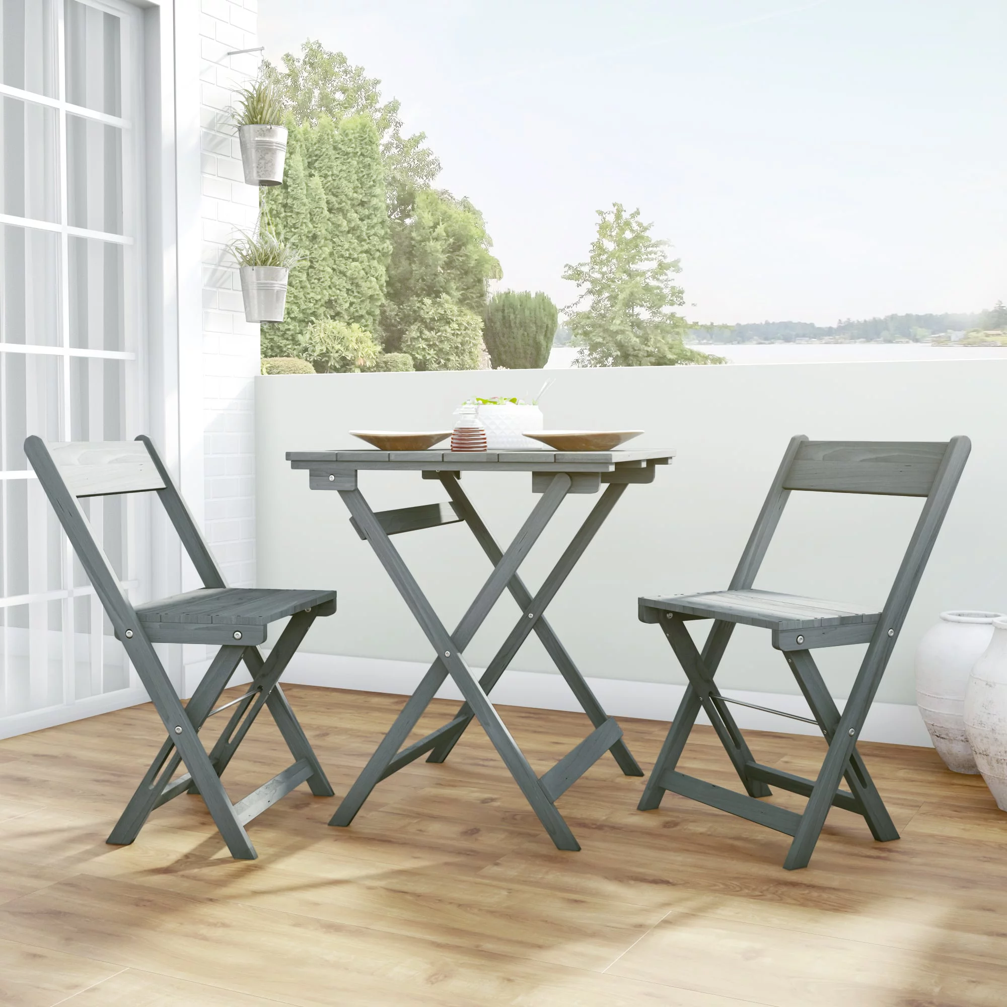 Linon Riverpark 3-Piece Acacia Wood Outdoor Bistro Set, Gray Finish