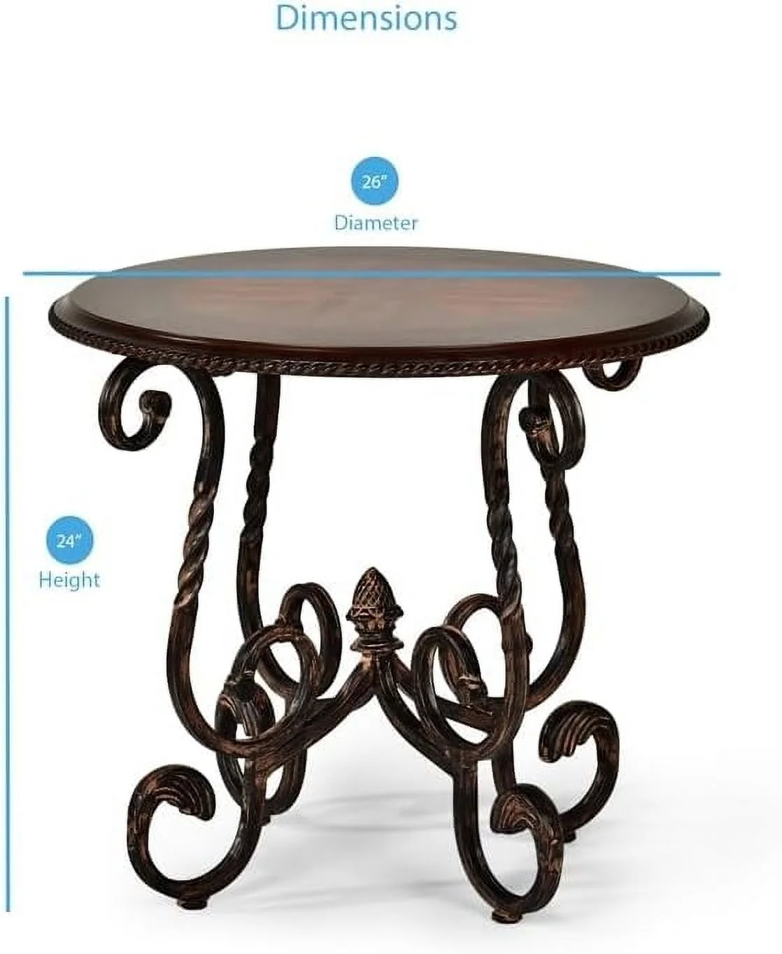 Traditional Round Wood End Table, Metal Base With Solid Wood Top, Cherry Finish