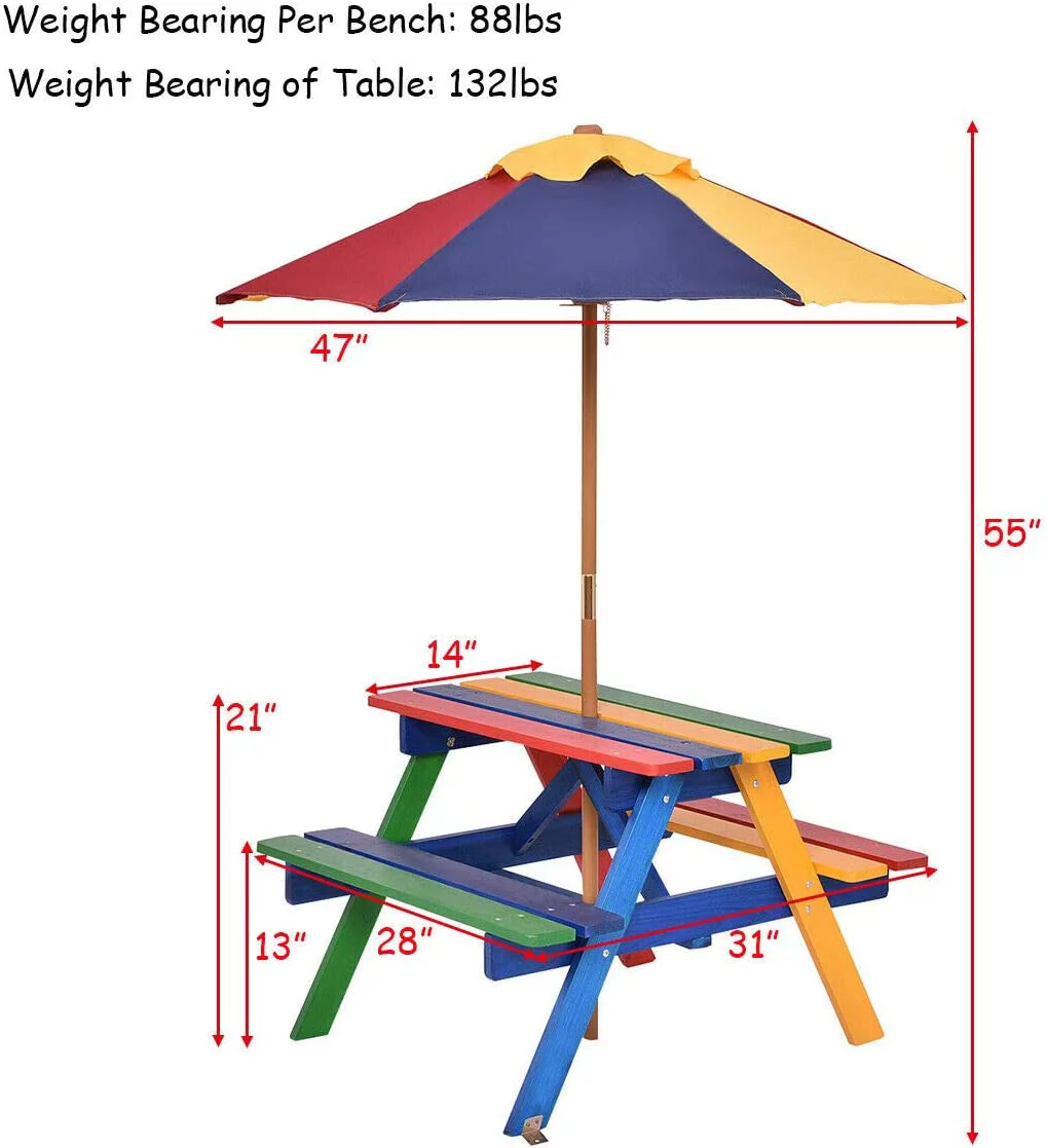 HAPPYGRILL Kids Picnic Table Set Children Table with Umbrella
