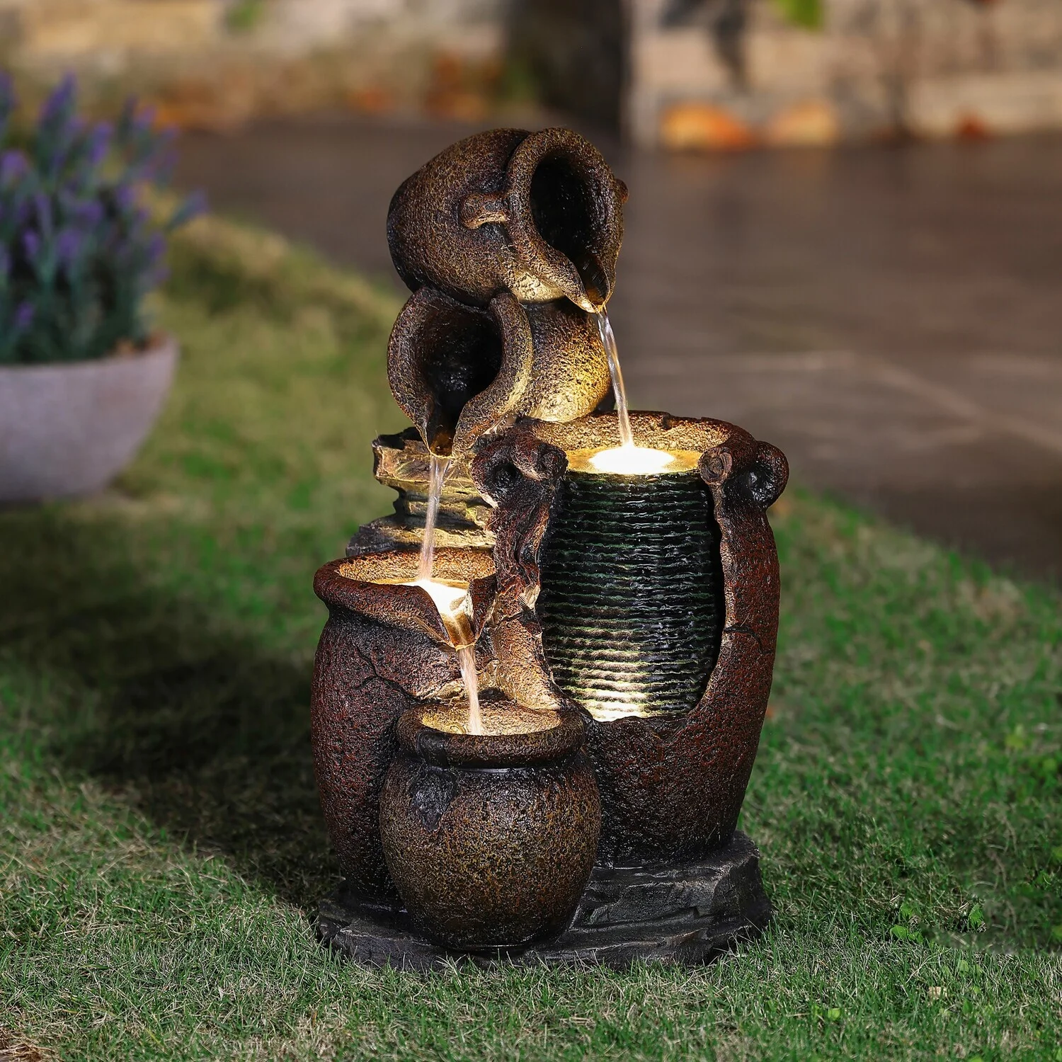 HomeStock Urban Oasis Rustic Brown Urns Resin Outdoor Fountain With Led Lights