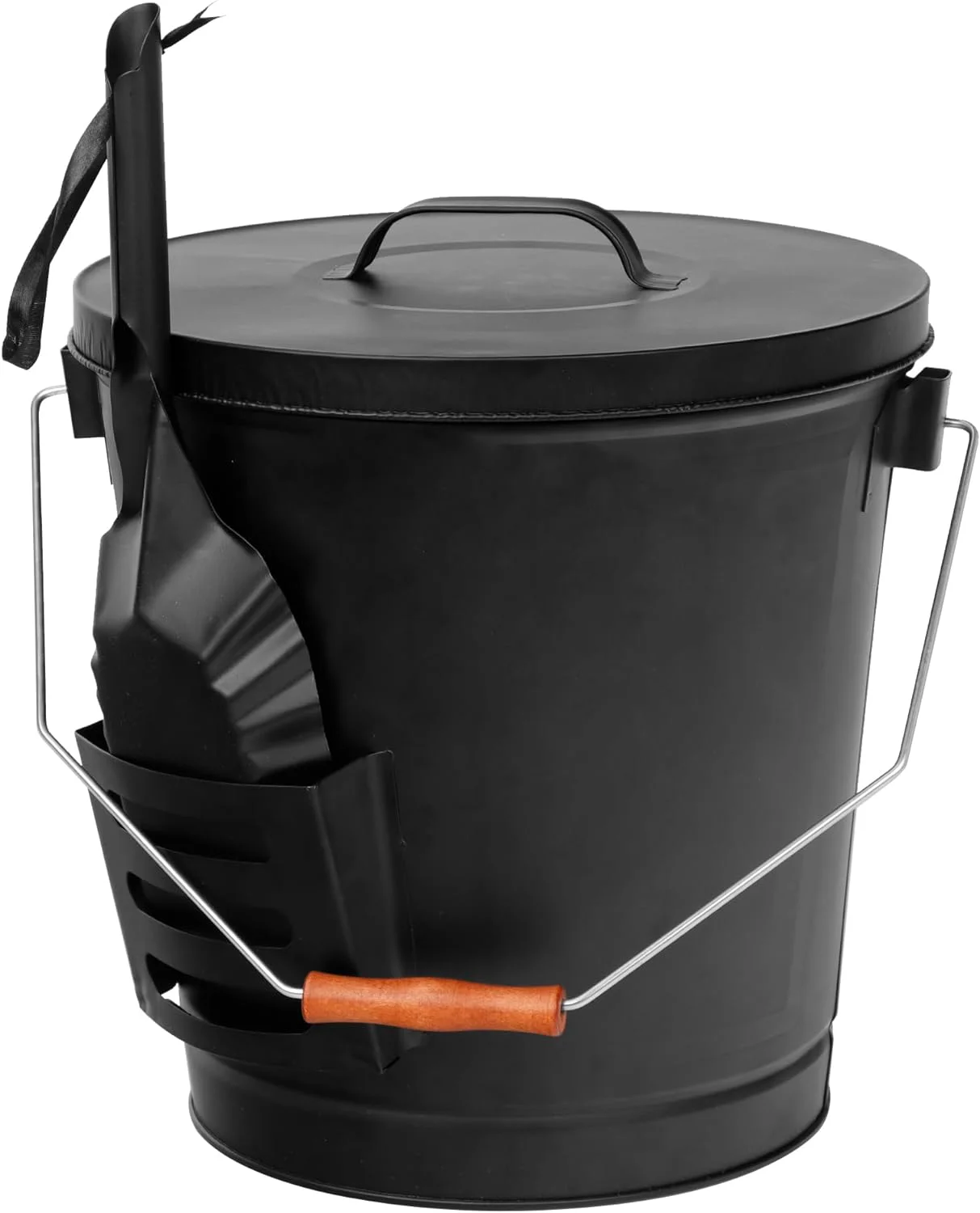 JupiterForce Ash Bucket with Lid and Shovel, 5.15 Gallon Large Galvanized Metal Hot Coal Wood Ash Carrier Pail for Fireplace, Fire Pits, Wood Burning Stoves, Grill, Outdoor Camping, Black