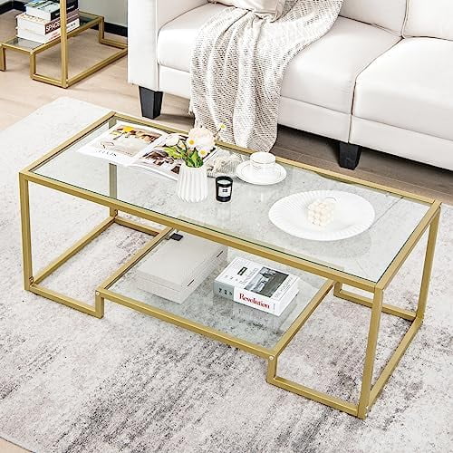 NLTBONNIE Modern Tempered Glass Coffee Table  45\u201D Wide Rectangle Center Tables w/ 2 Tier    Metal Frame  Adjustable Foot Pads  Small Rectangular Tea Table for Living Room  Home  Offi