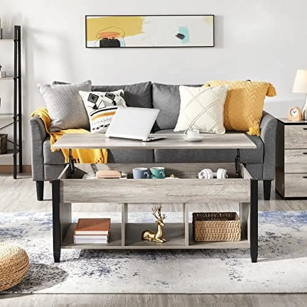 TJUNBOLIFE Lift Top Coffee Table with Hidden  Compartment & Open   Rustic Living Center Table for Living Room  White/Oak  41in L