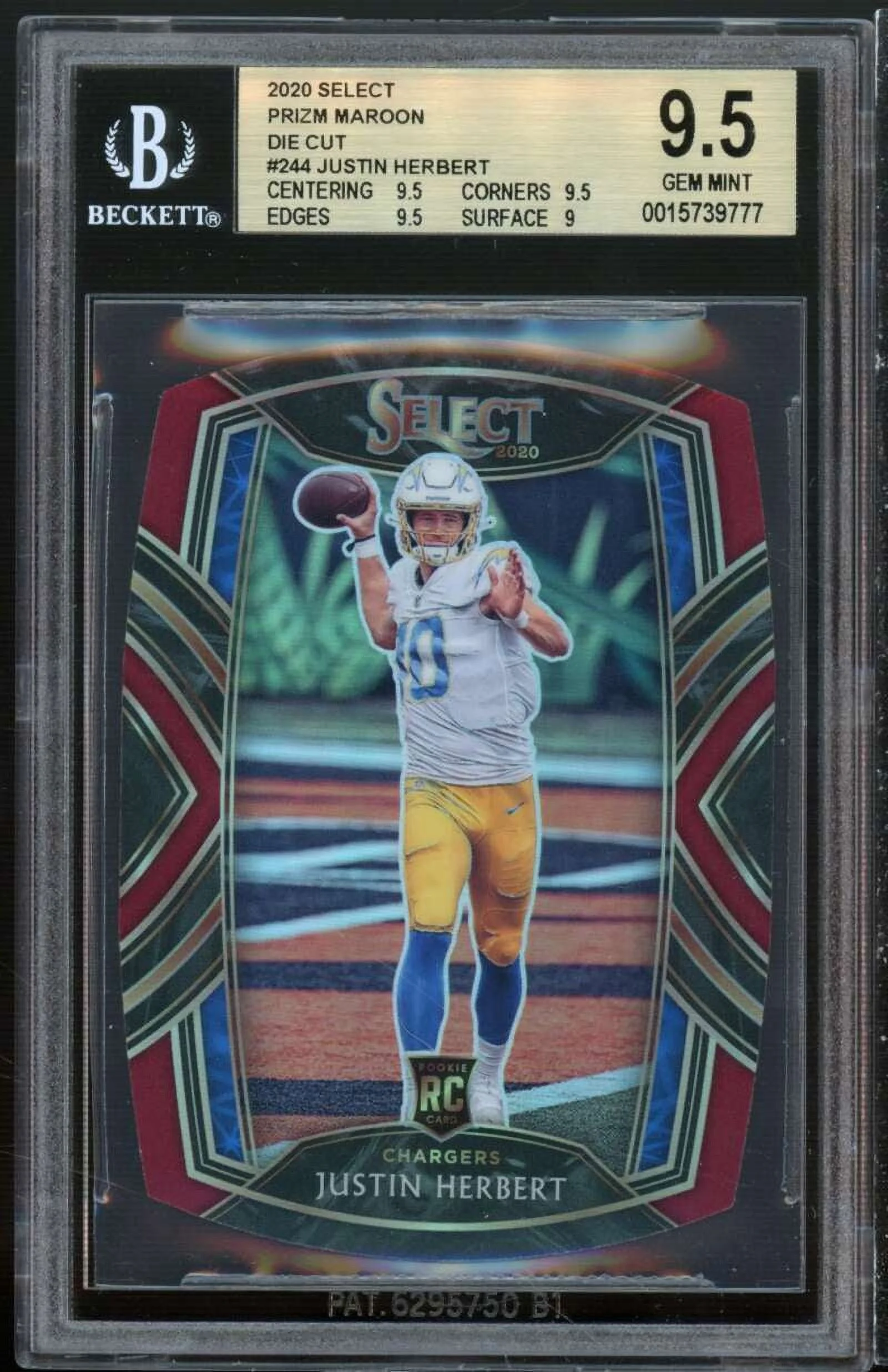 Justin Herbert Rookie Card 2020 Select Prizm Maroon Die Cut #244 BGS 9.5