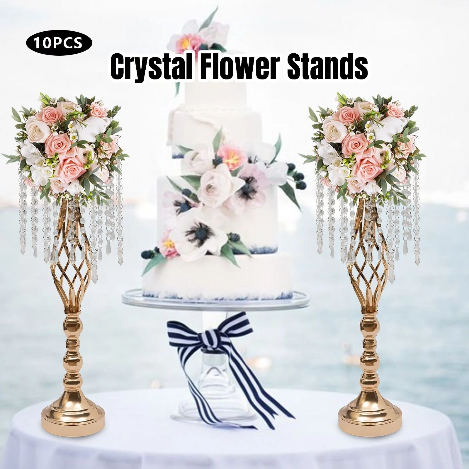 10PCS Crystal Flower Stands Vases 55cm Wedding Centerpieces Dining Table Gold