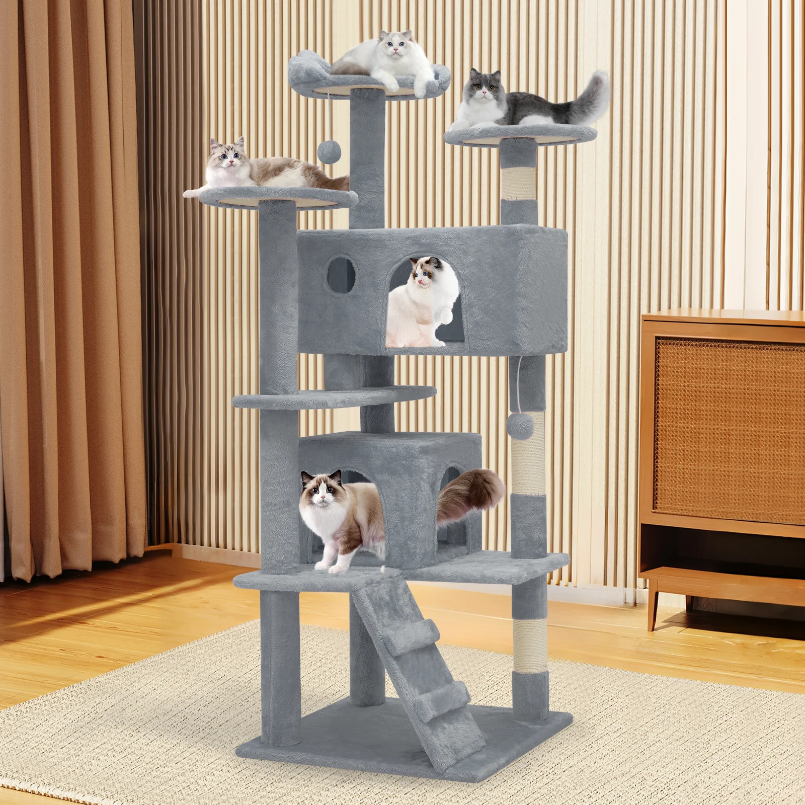 Magshion 54.5-in Cat Tree & Kittens Play House, Multi-Level Plush Cat Condo for Indoor Cats, Light Gray