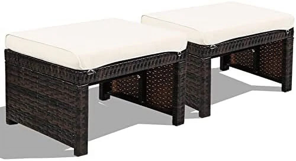 TQNJYGX 2 Piece Outdoor Wicker Ottomans  Patio Rattan Footstool with Cushions  Solid Steel Frame  Multifunctional Ottomans for Poolside Backyard Balcony