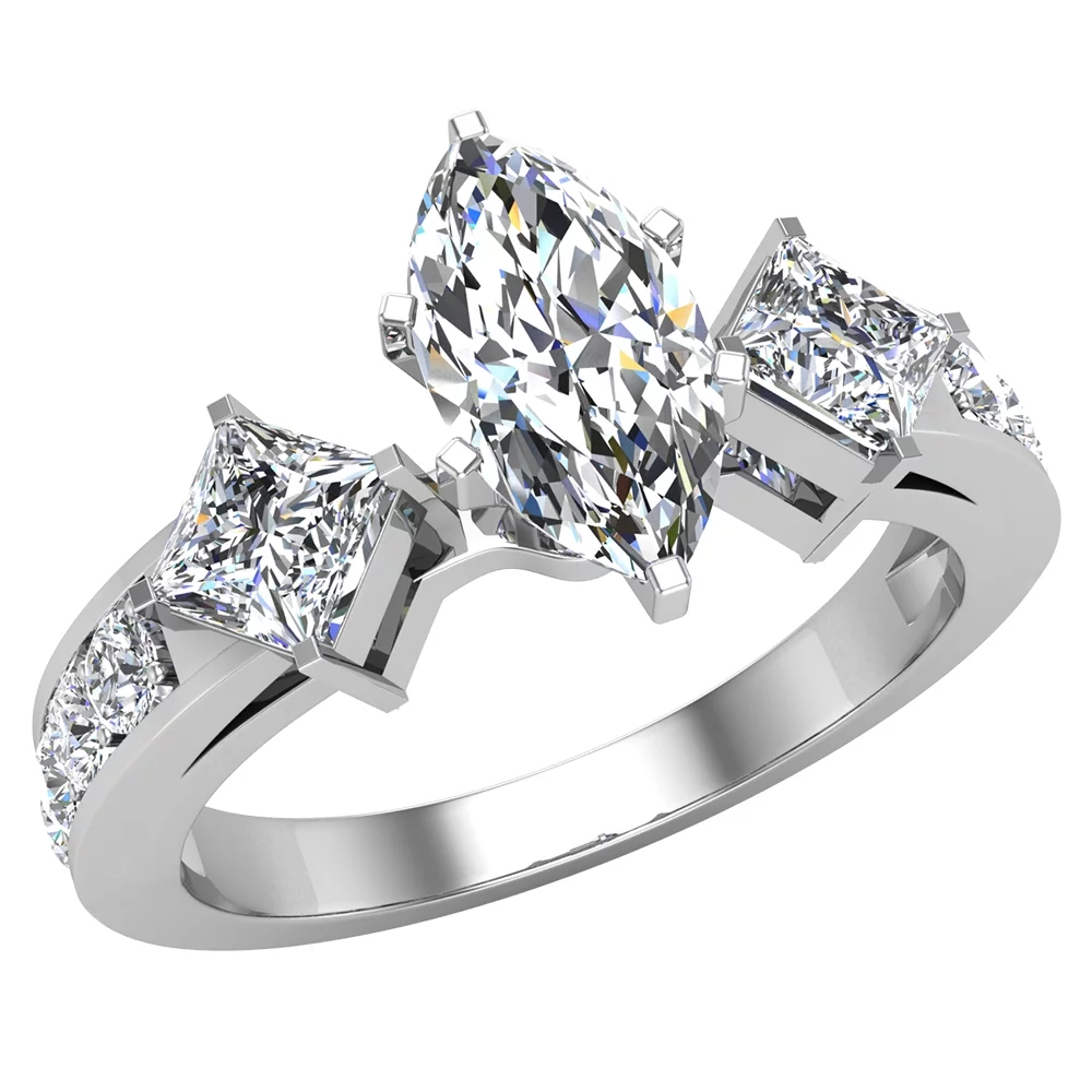 Three-Stone Diamond Engagement Ring Marquise and Princess Cut Diamond Rings 14K White Gold 1.40 Carat (H,SI1)
