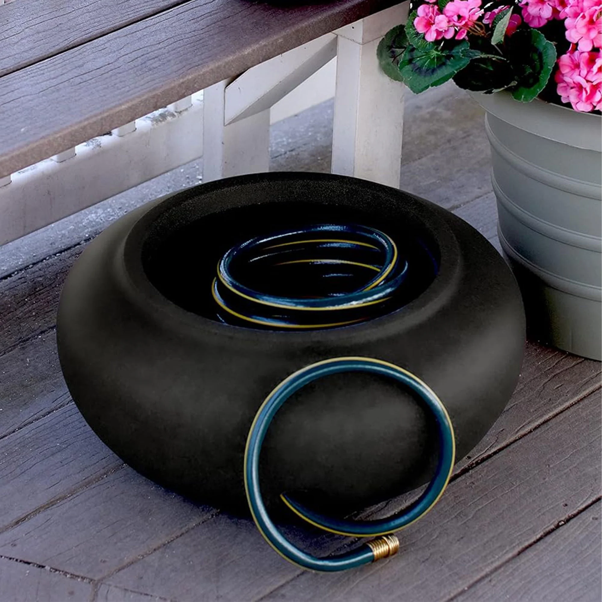 The HC Companies 21 Inch Hose Planter Pot for Patio, Garden & Lawn, Black
