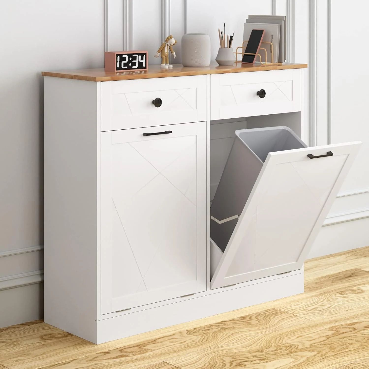Trash Cabinet Double Trash Can, Dog Proof Tilt Out Trash Bin Holder, Hideaway Free Standing Recycling Cabinet with 2 Drawers for Kitchen Living Room White