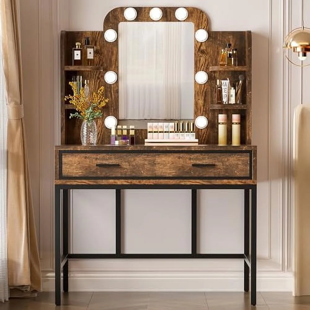 CKPFVY Vanity Set   Vanity Desk with LED Lights and Mirror Rustic Elegant Dressing Table with 2 Drawers & Open  Shelves for Women Girls  Vintage  Desk for Bedroom  Brown\u2026