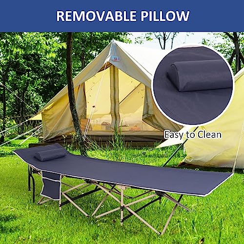 2 Pack Folding Sleeping Cots for Adults, Camping Cots for Adults with Pillow Side Pocket, Camp Cot Bed with Carry Bag Lightweight & Portable for Camping Traveling Hiking, Blue