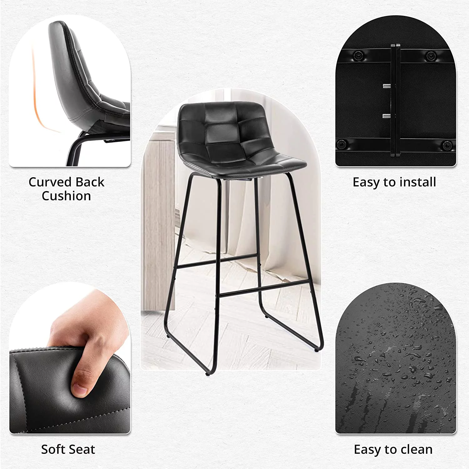 LUE BONA Upholstered Checkered Pattern Bar Stools Set of 6, Faux Leather 30 Inch Bar Height Chairs Kithchen Island, Black