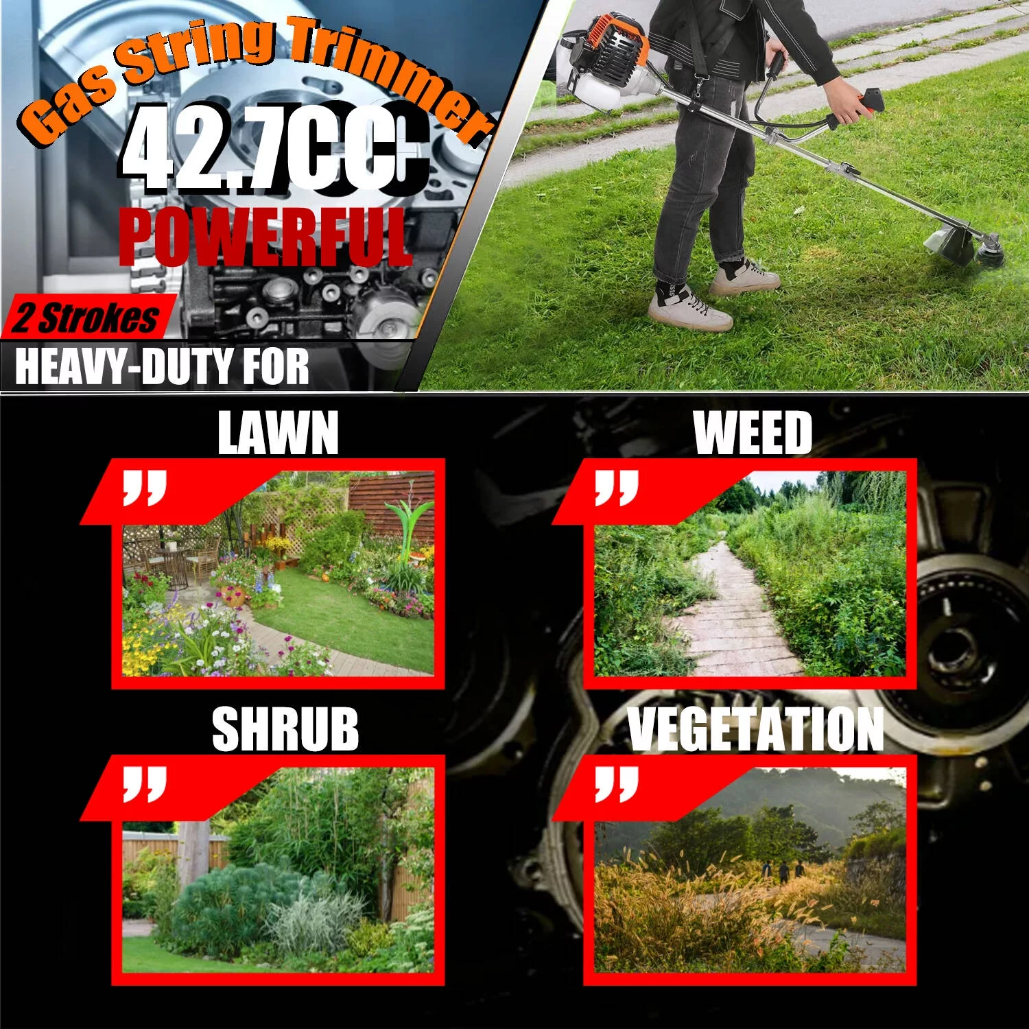 42.7CC String Trimmer 2-Cycle Grass Trimmer 2-in-1 Lawn Mower Gas Weed Eater with 2 Detachable Head