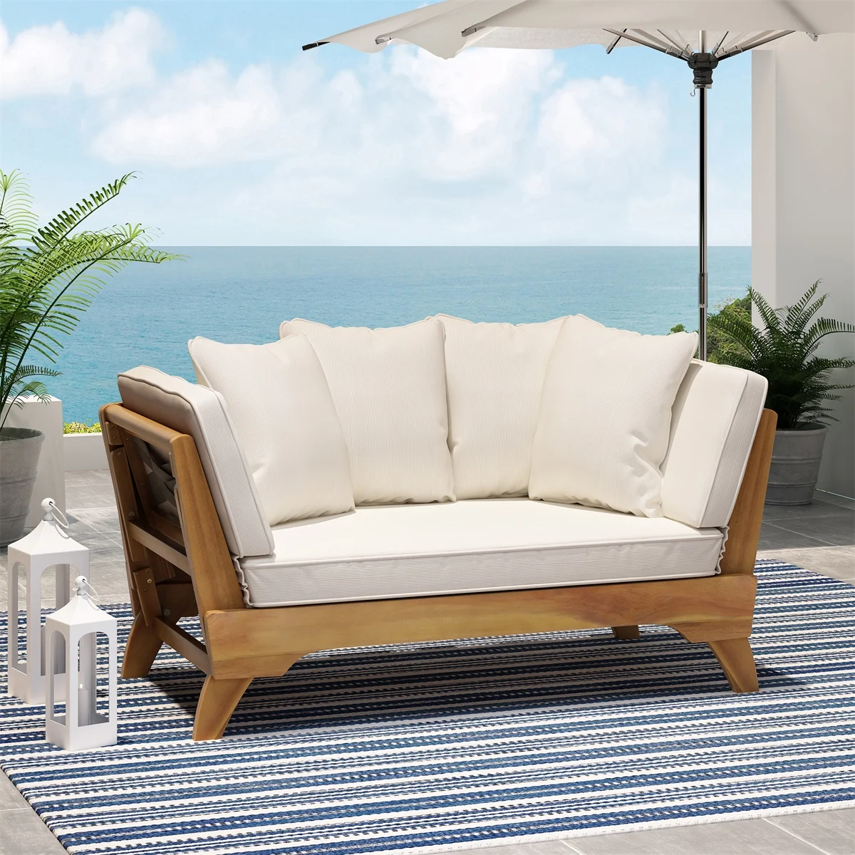 Outdoor Acacia Wood Expandable Daybed with Cushions, Teak
