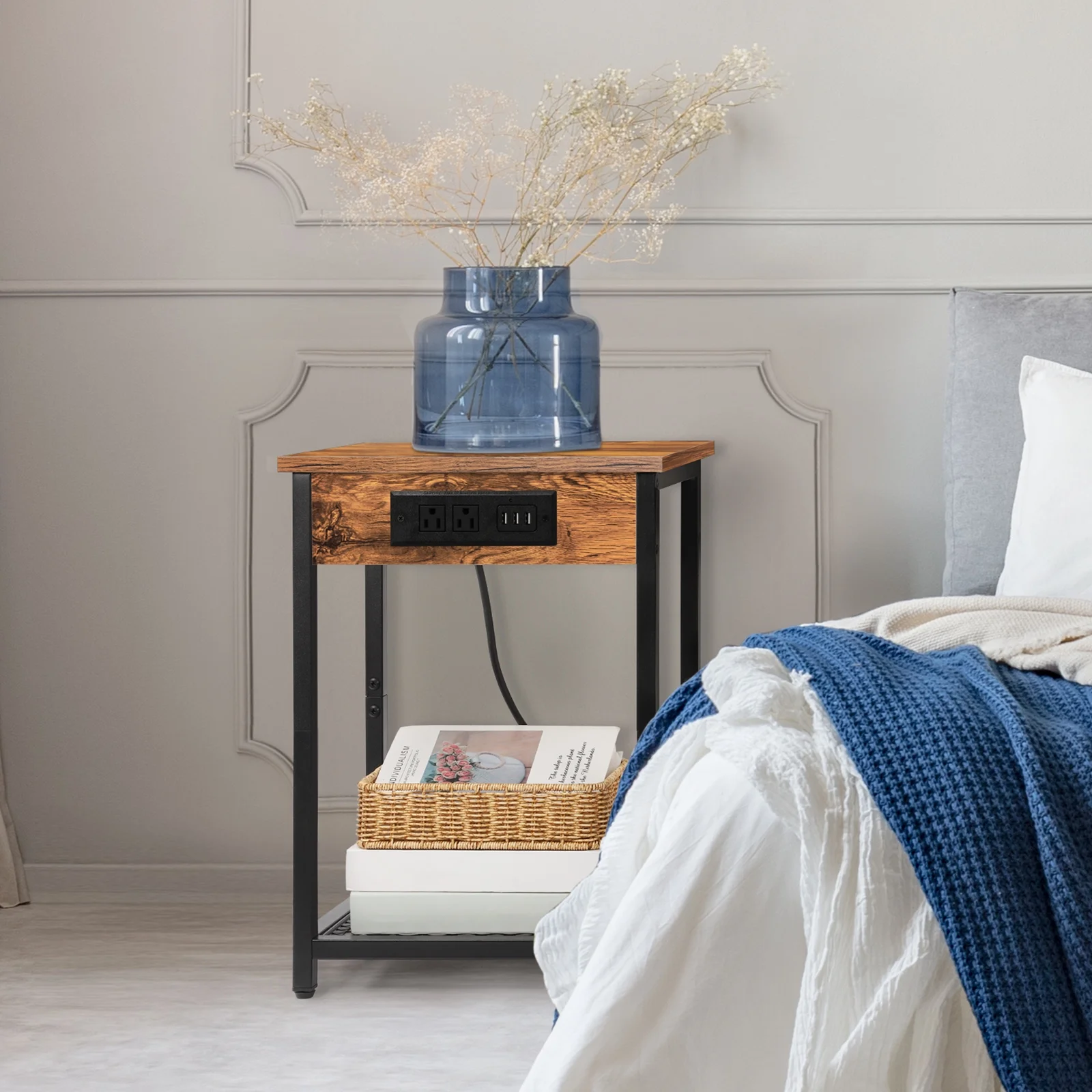 Nightstand End Table with Charging Station Brown, Set of 2