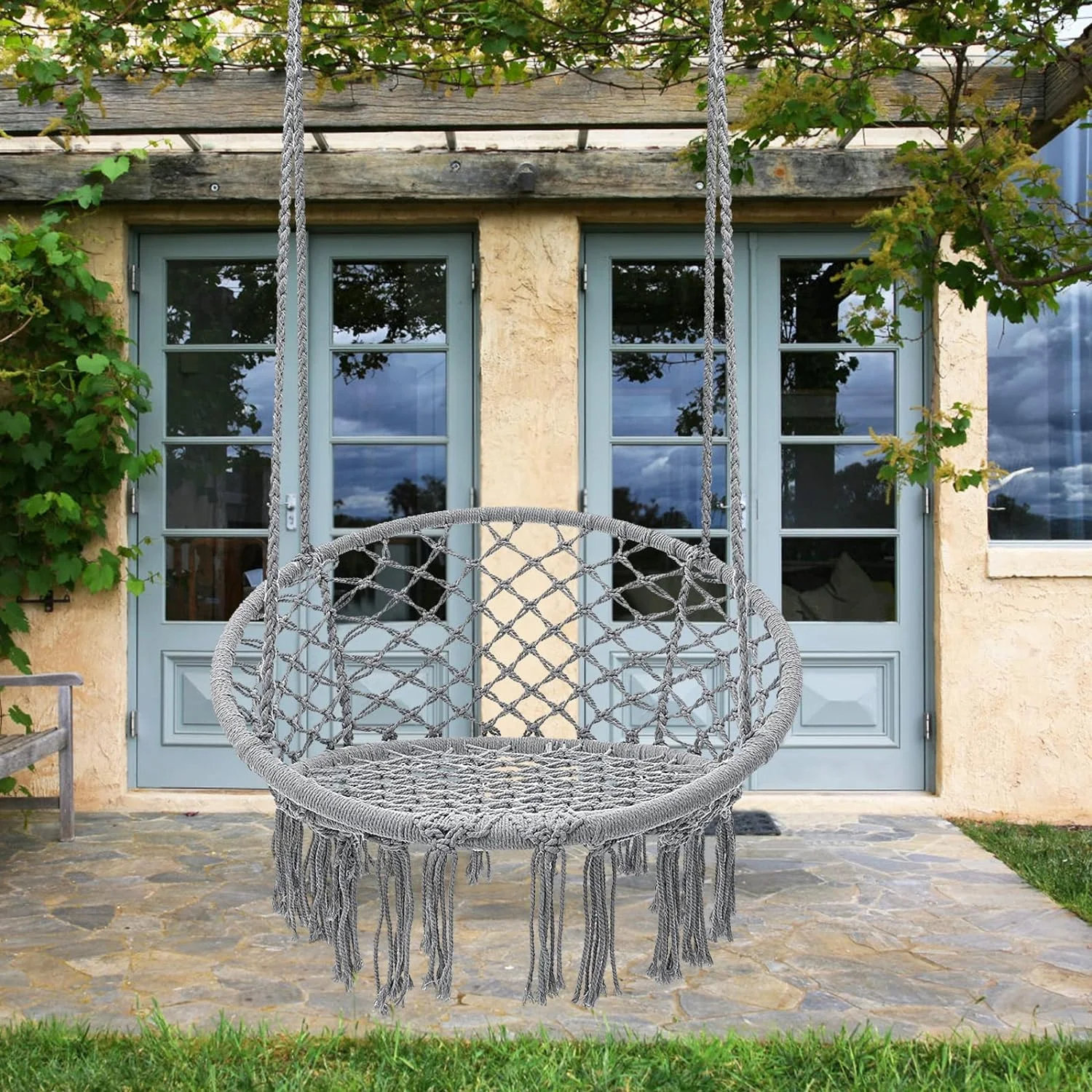 Hammock Chair Macrame Swing Bohemian Hammock Swing Chair With Tassels Hanging Swing Chair Handmade Knitted Cotton Rope For Indoor Outdoor Bedroom Patio Max 330 Lbs Grey