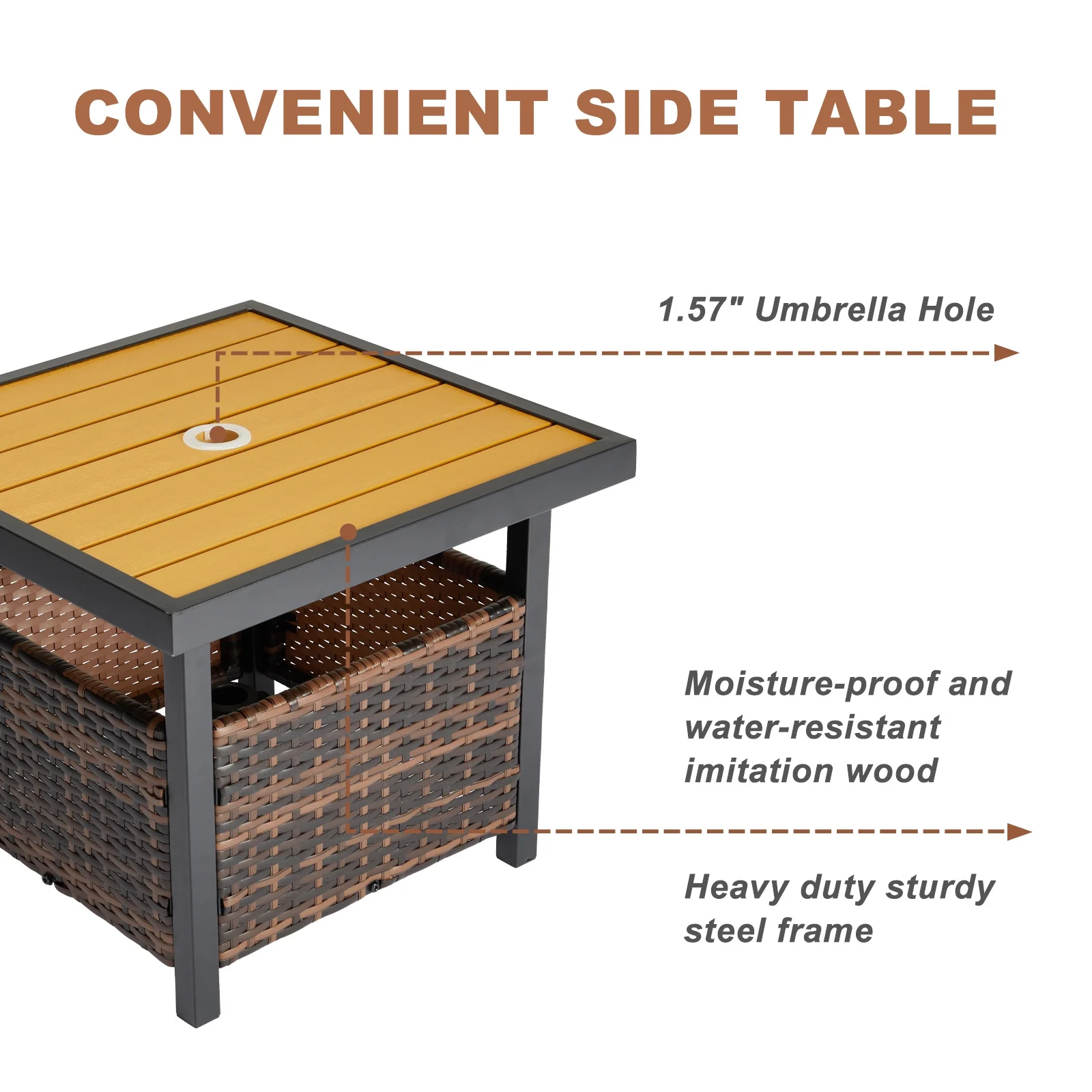 Outdoor Wicker Side Table with Umbrella Hole & Storage Space, PE Rattan End Table for Patio Garden Poolside Deck, Brown