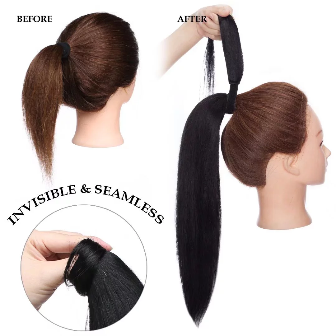 Benehair Clip in Ponytail Hair Extensions Human Hair Ponytail Wrap Around Remy Hair One Piece Silky Straight Human Hair Extensions 22inch #01 Jet Black 95g/pack