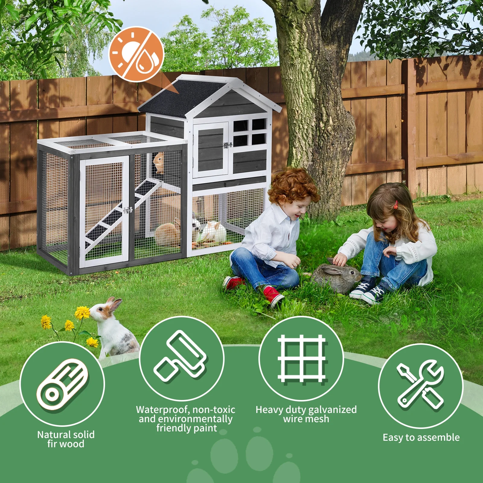 48“*24.8*35” House Model with Run Ladder Gray Fir Wooden Chicken Rabbit Cage with Removable Upper Tray