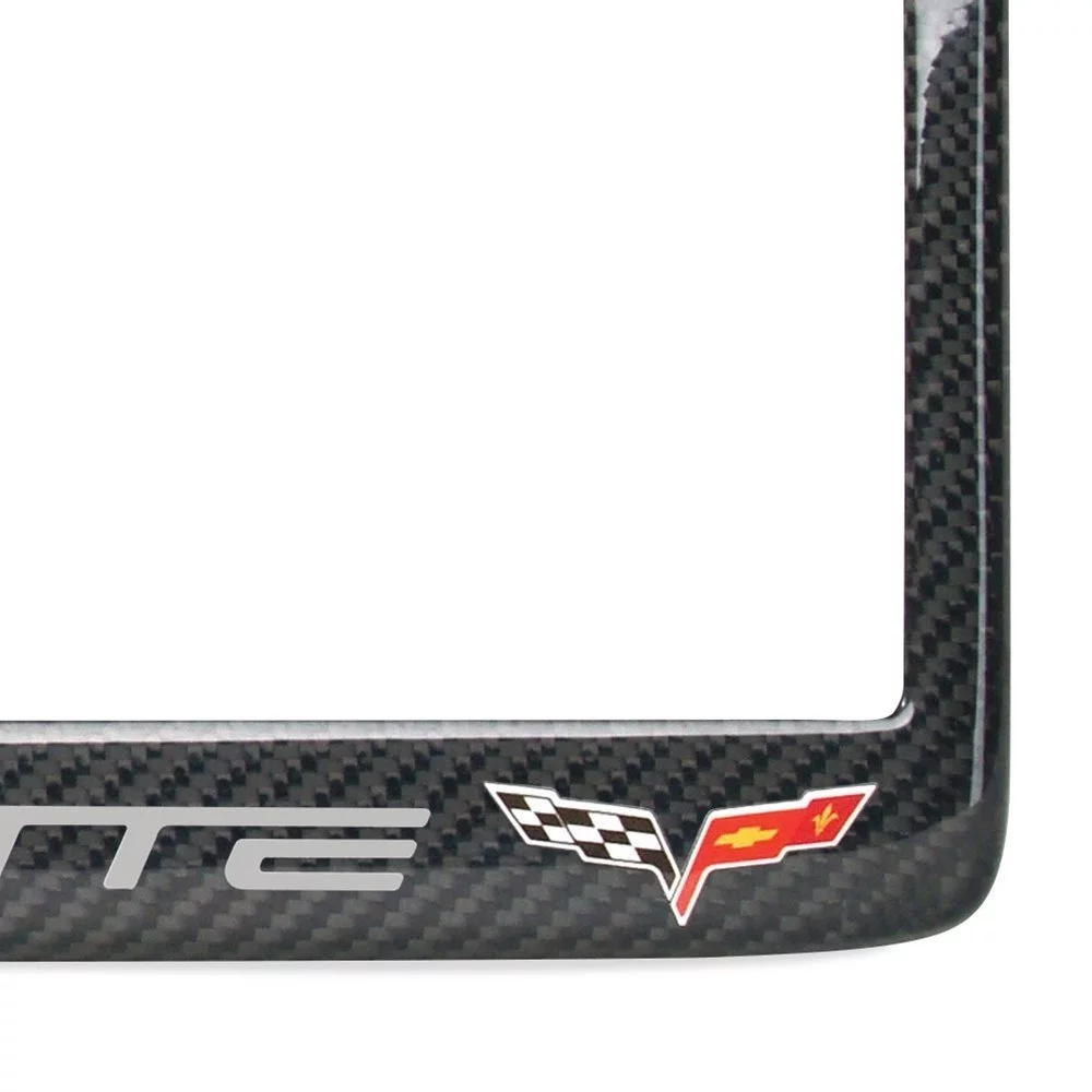 Corvette Gray Script w/Double Logo License Plate Frame - Carbon Fiber : C6 2005 - 2013
