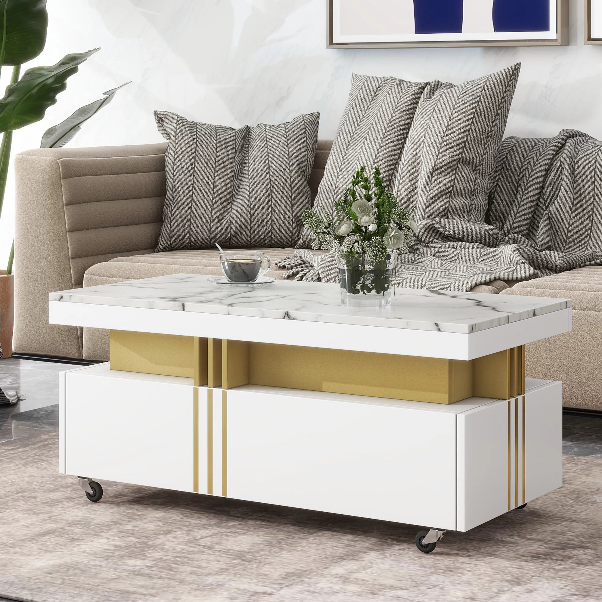 CoSoTower Contemporary Coffee Table with Faux Marble Top, Rectangle Cocktail Table with Caster Wheels, Moderate Luxury Center Table with Gold Metal Bars for Living Room, White