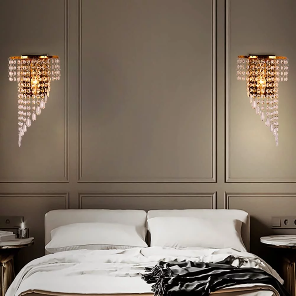FRIXCHUR Modern Crystal Raindrop Wall Lights 2 Pack Led Wall Light Sconce Fixture Crystal(Gold)