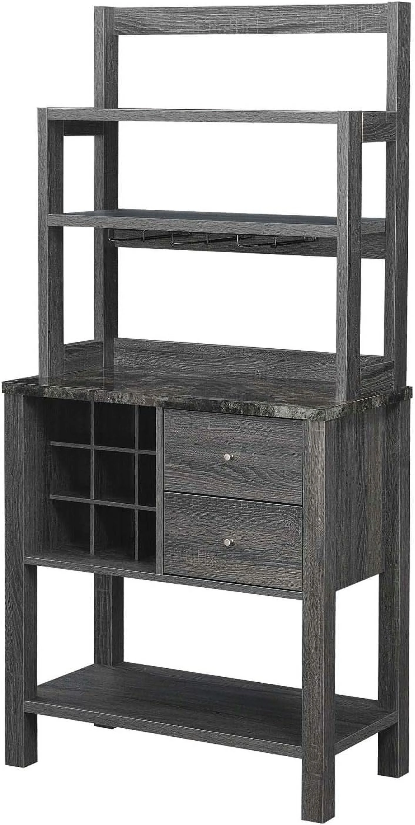 HYUN Newport 2 Drawer Serving Bar with Wine Rack and Shelves, Black Faux Marble/Weathered Gy