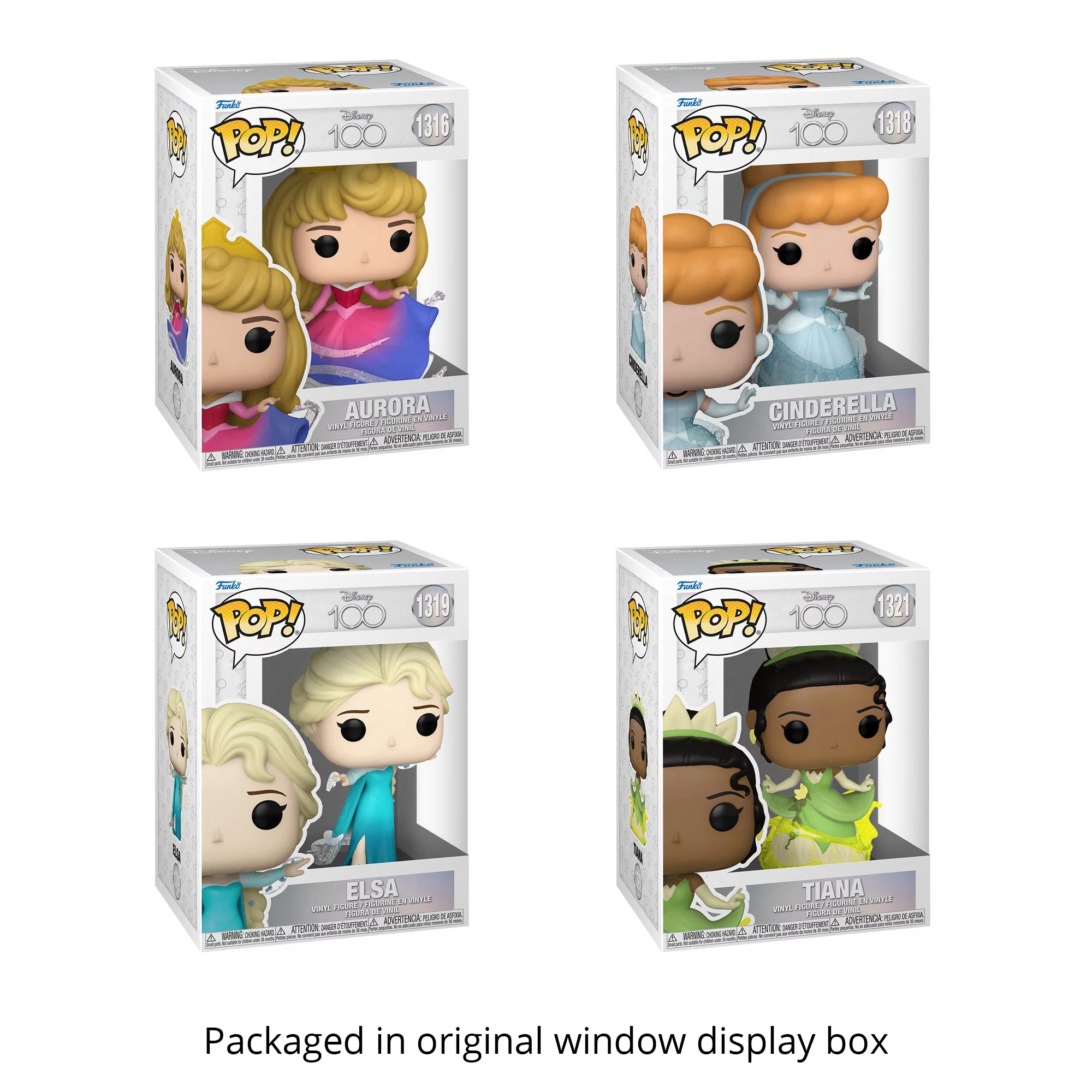 Disney 100 Princess Funko Pop Set of 4 with Protector Bundle - Includes Aurora #1316, Cinderella #1318, Elsa #1319, Tiana #1321 Figures with 4 Blue Salamander Emporium Plastic Protector Cases