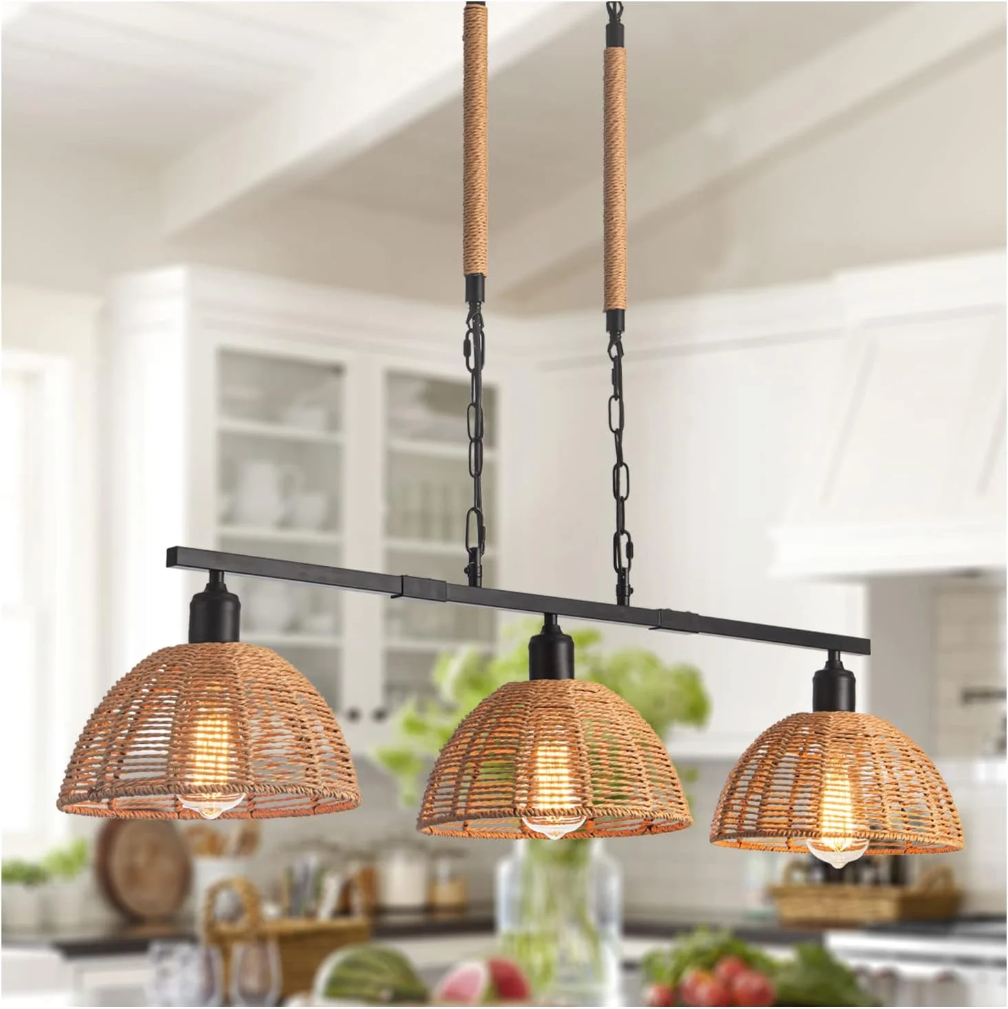 Farmhouse Rattan Kitchen Island Lighting Vintage Dome Hand Woven Bamboo Pendant Light for Kitchen Island Rustic Boho Wicker Black 3-Lights Chandelier for Dining Room, Living Room