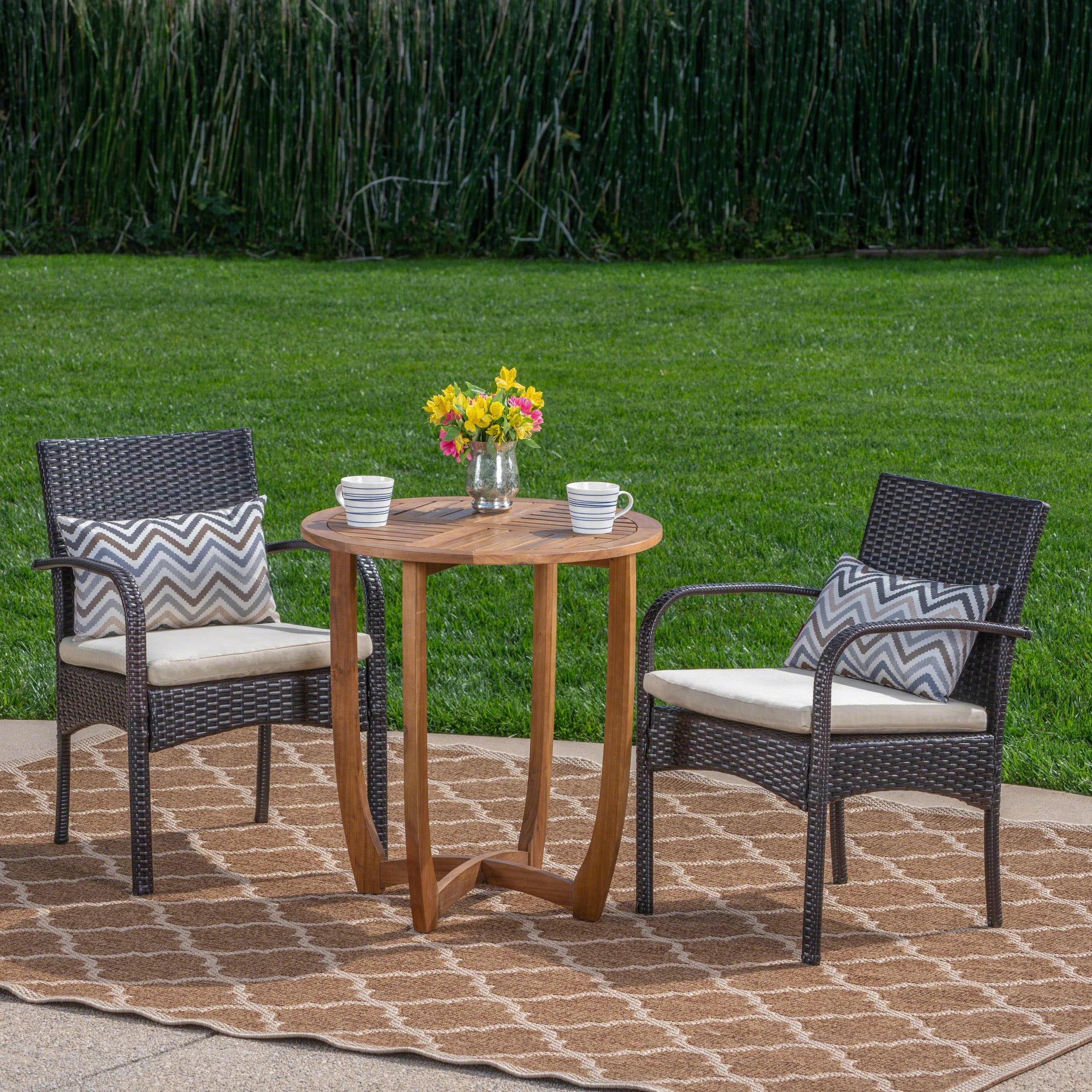 GDF Studio Typhaine Outdoor Acacia Wood and Wicker 3 Piece Bistro Set with Cushions, Teak, Multibrown, and Beige