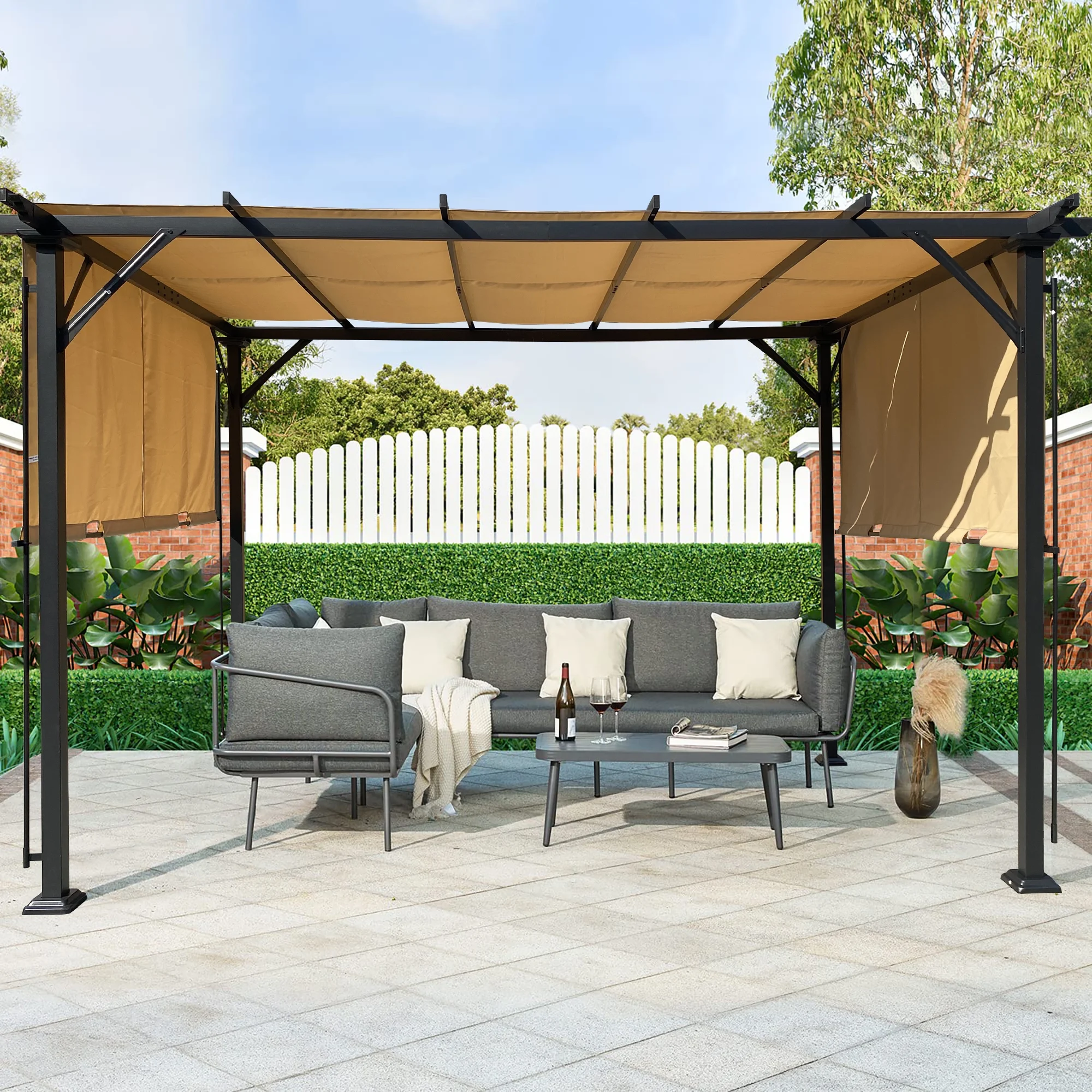 Homiyad 9.5 X 12 ft Outdoor Pergola Patio Gazebo,Retractable Shade Canopy,Steel Frame GraPE Gazebo,Sunshelter Pergola for Gardens,Terraces,Backyard-Khaki