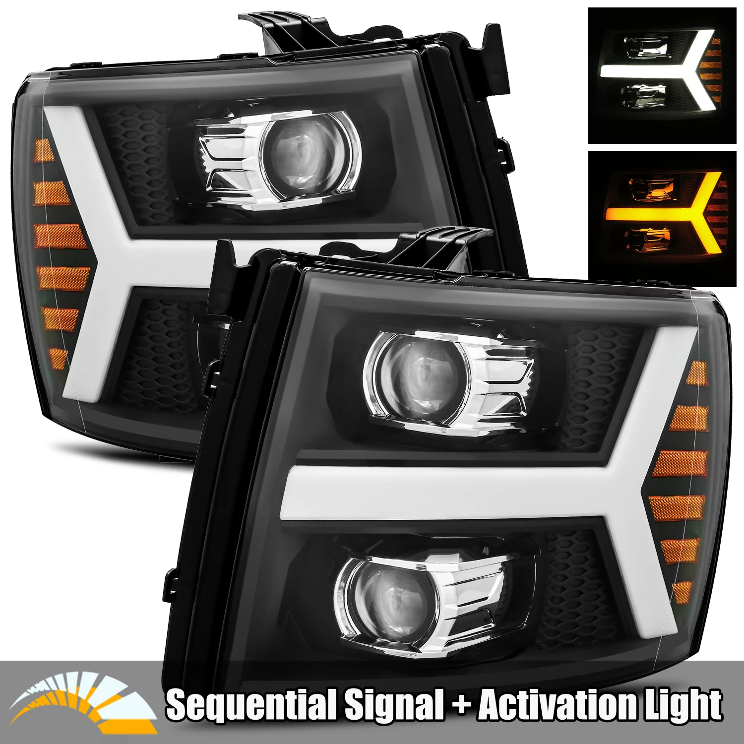 AlphaRex PRO-Series Black For 07-13 Chevy Silverado 1500/07-14 Silverado 2500HD/3500HD LED Tube Dual Projector Headlights with Switchback DRL/Sequential Signal/Activation Light