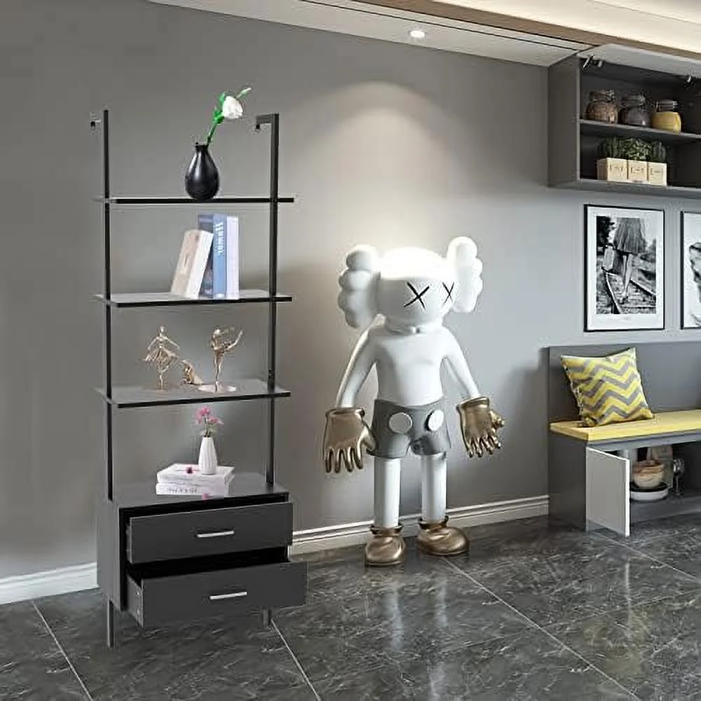 ZWNLKQG Ladder Bookshelf with 2 Drawers  3-Tier Display Bookcase  Shelves Plant Flower Stand with Metal Frame  Wall Mount Required