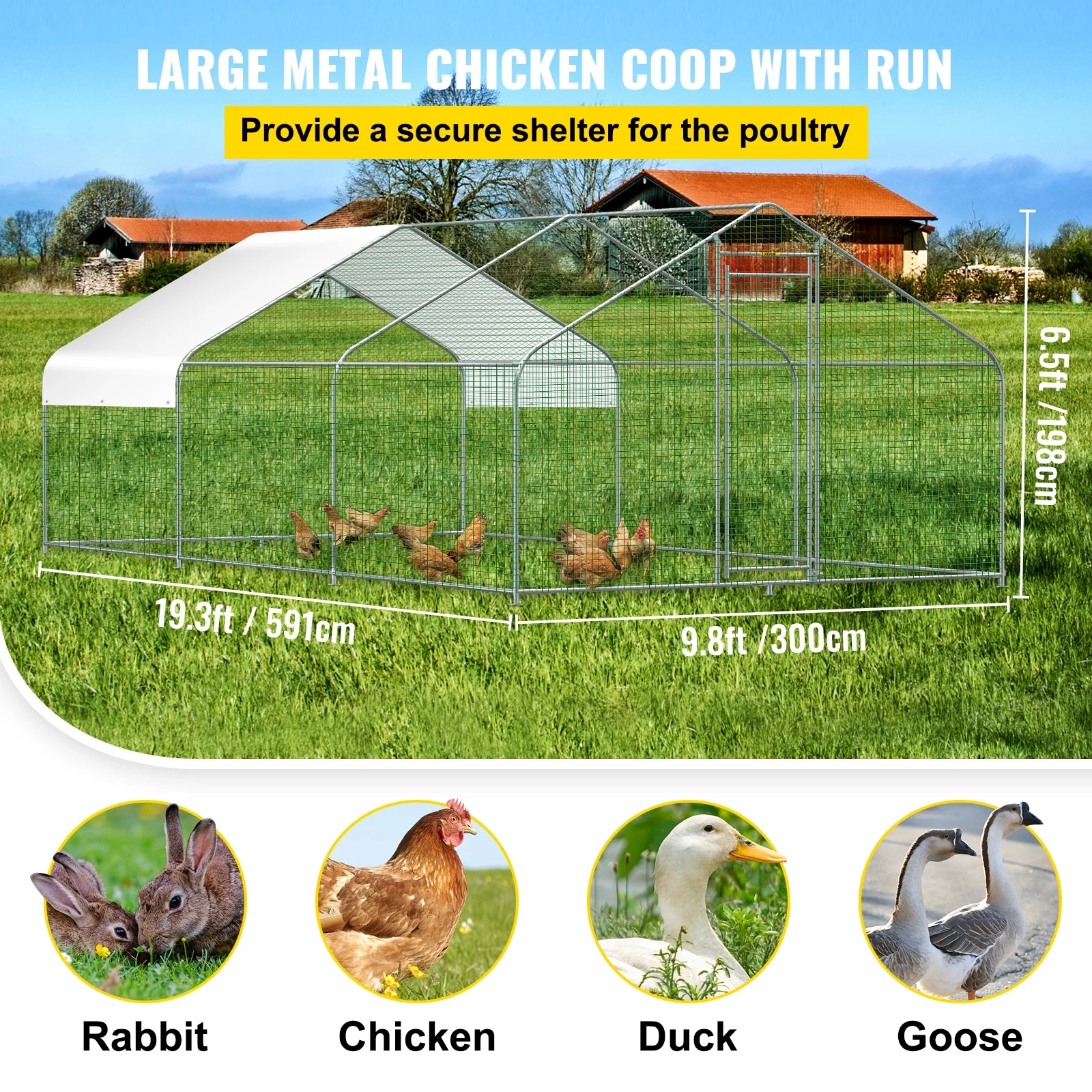 VEVOR Large Metal Chicken Coop Hen Run House Spire Walk-in Cage 19.3x9.8x6.5 ft