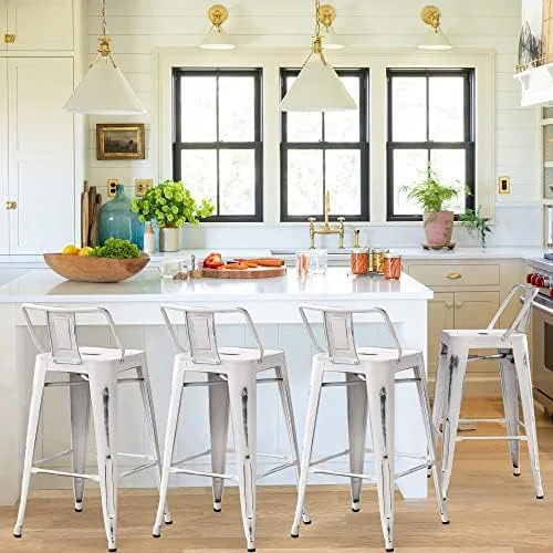HYHBIBOOM Changjie  Metal  Stools Set of 4 Distressed Industrial Counter  Stool with Backs Bistro Cafe Barstools(26 inch  Distressed White)