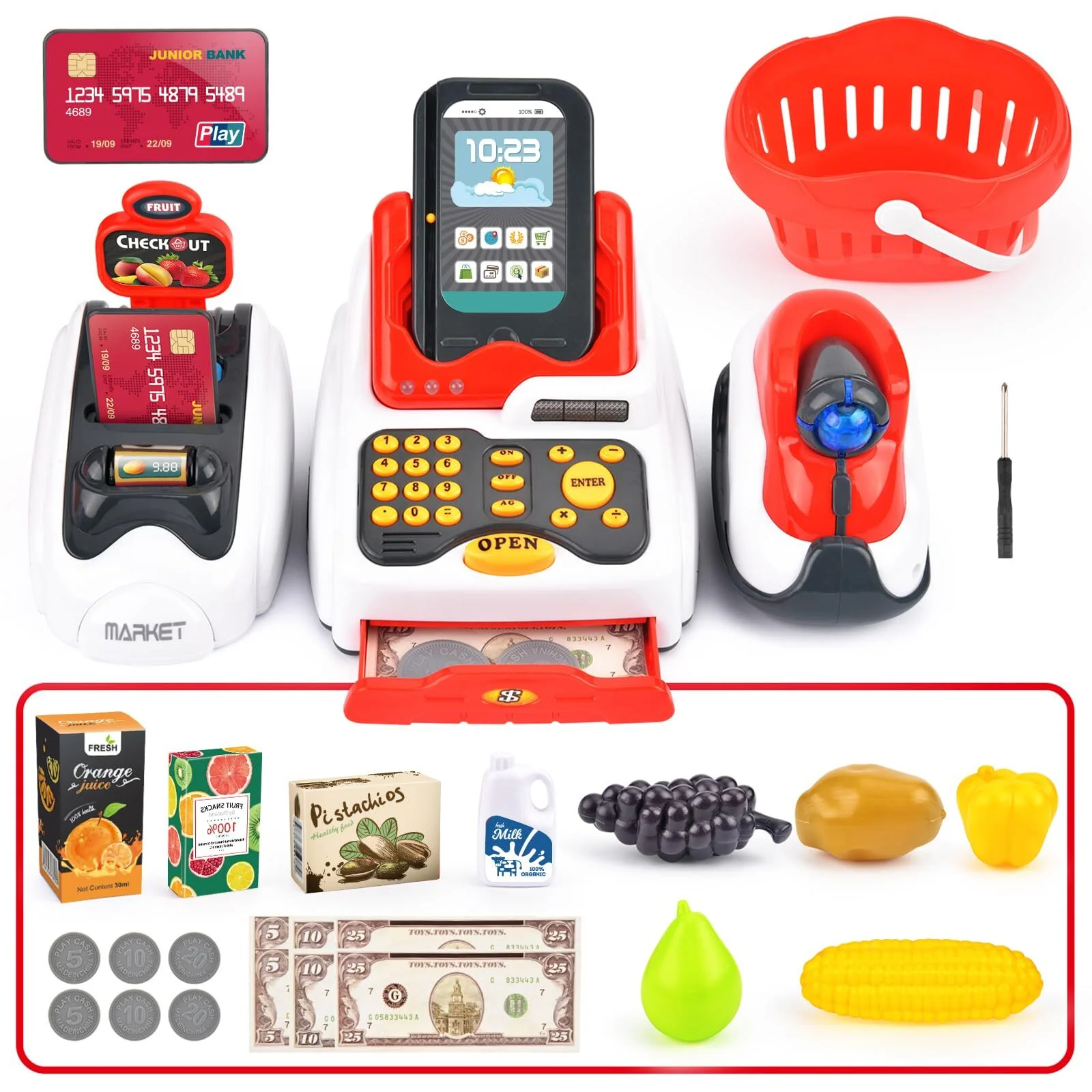JUGAAD LIFE Toy Cash Register for Kids, with Checkout Scanner,Fruit Card Reader, Credit Card Machine, Play Money and Food Shopping Play Set, Pretend Play Learning Toys for Boys Girls Toddlers