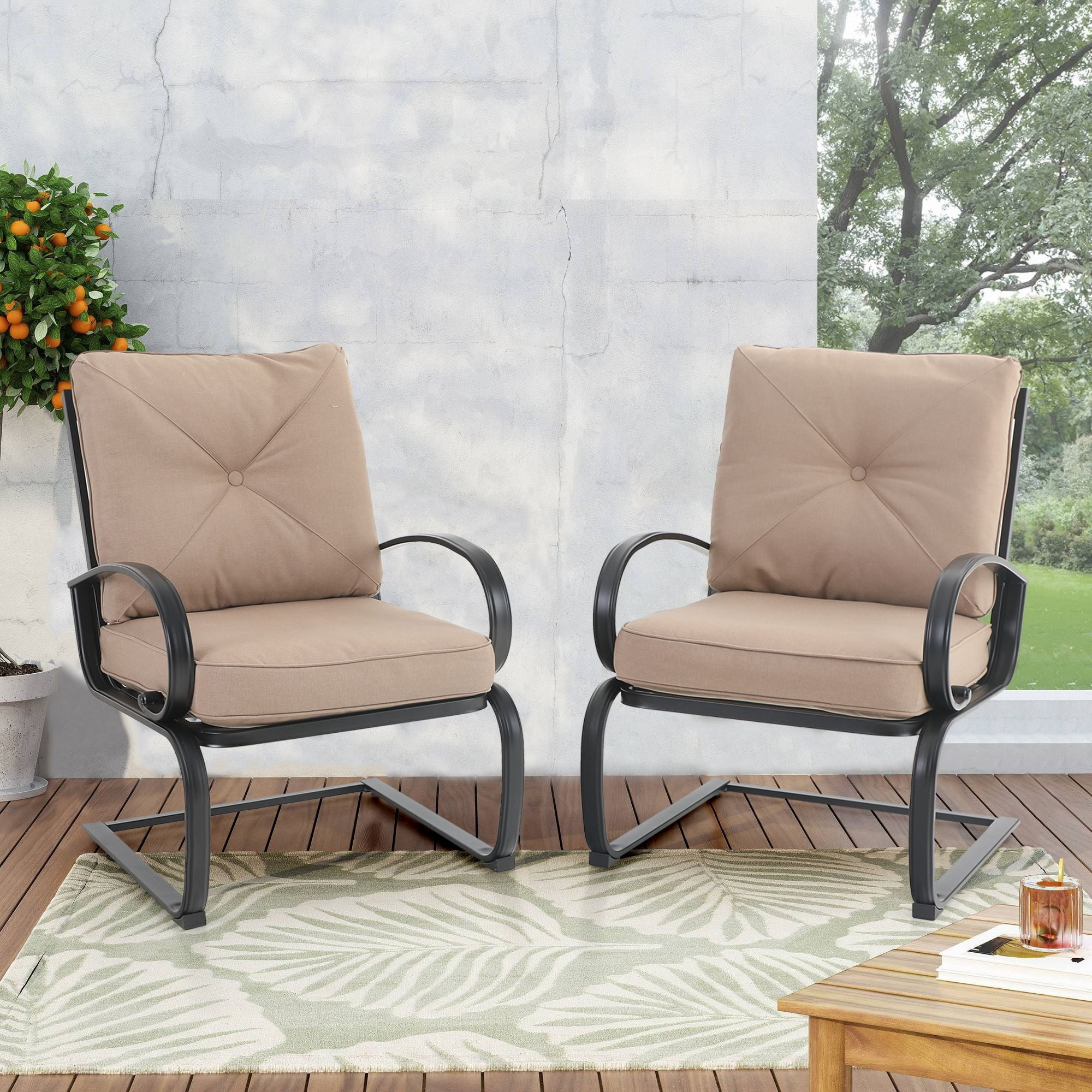 2-Piece C-Spring Patio Metal Dining Chairs with Cushions beige